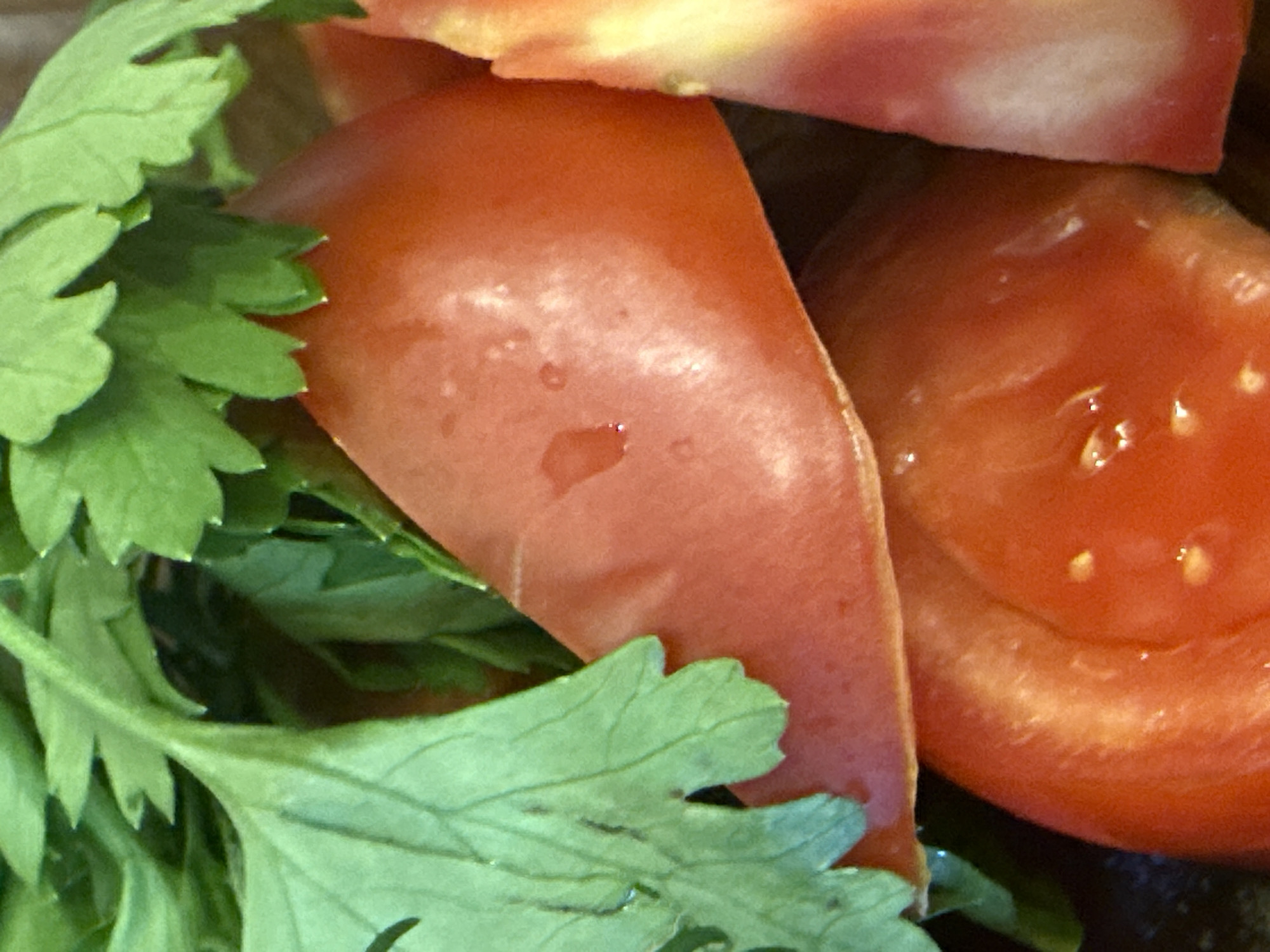 This media file features a close-up, macro shot of chopped tomatoes and fresh parsley. The tomatoes are bright red and appear to be sliced into wedges. Some of the tomato slices show the juicy interior, with visible seeds and a slight sheen. There are small droplets of liquid on the surface of one of the tomato pieces, suggesting they are fresh. The parsley leaves are a vibrant green, with serrated edges, and are interspersed with the tomato pieces. The lighting appears to be natural and highlights the textures of both the vegetables. The background is dark and out of focus, making the tomatoes and parsley the clear subjects. There is no visible text, people, or indication of time of day, weather, or specific location. The overall impression is of fresh, prepared ingredients, possibly for a salad or a culinary dish.