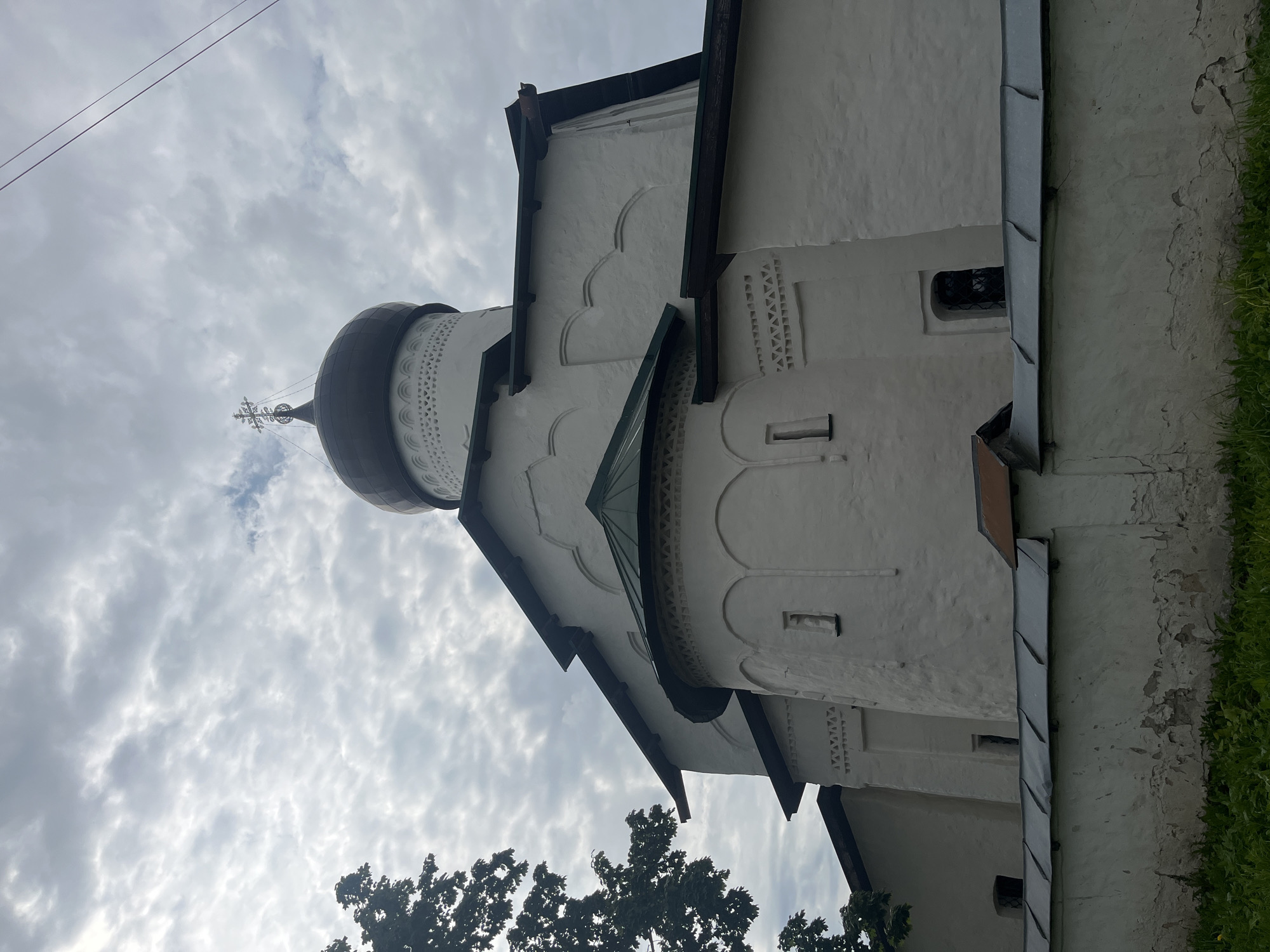 This is a low-angle, full shot of a white, stone church with a dark, domed roof topped by a cross, set against a cloudy sky. The church features several smaller green-roofed sections and decorative architectural elements, including arched window frames and triangular patterns along the upper walls. A low, white, crumbling stone wall runs in front of the church, partially obscuring the lower facade. Green grass is visible at the bottom of the frame. A silhouetted tree branch extends from the left side of the image. The scene is likely a historical or religious site in Pskov, Russia, given the architectural style.
