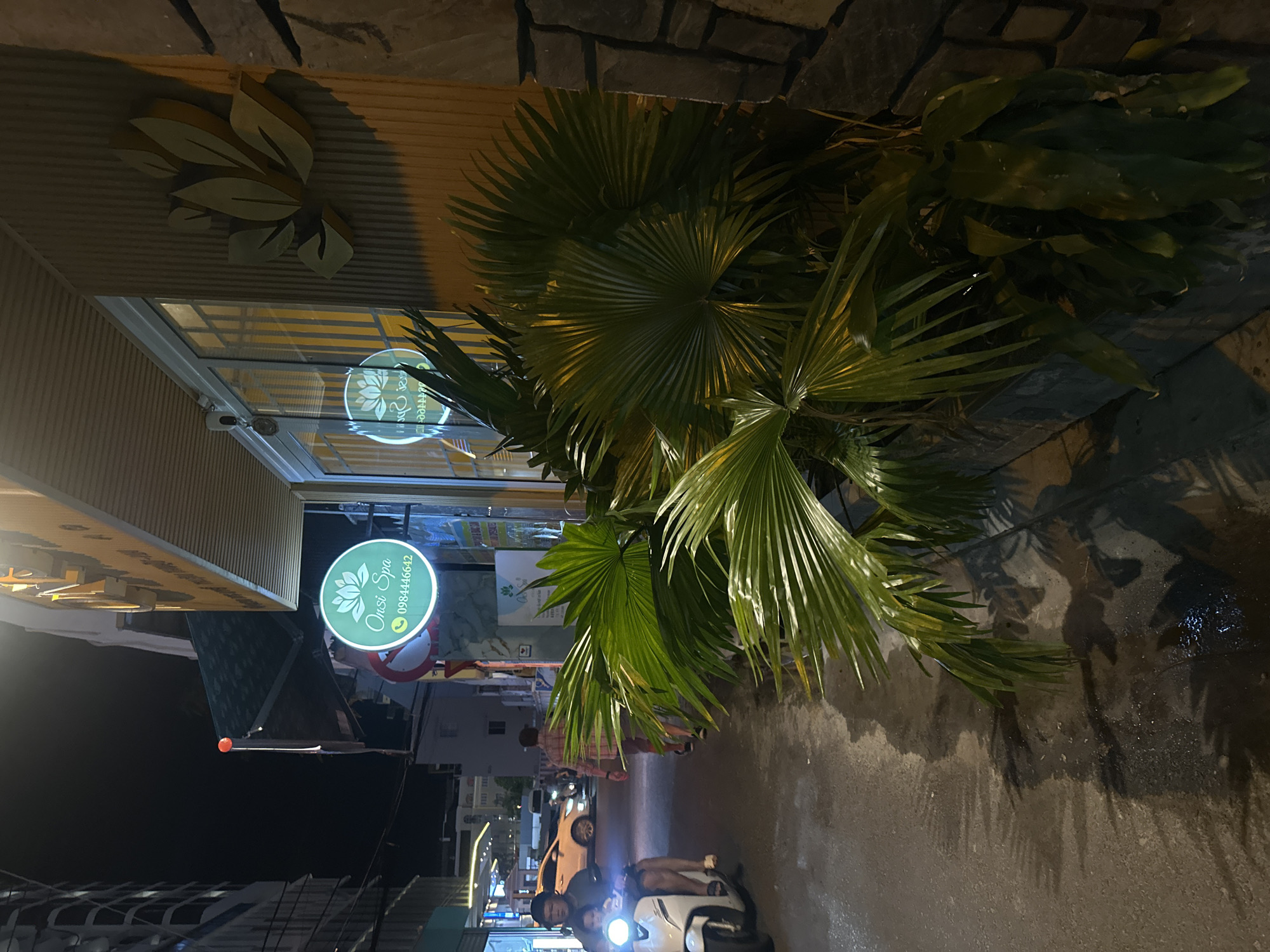 This image captures a nighttime street scene in Nha Trang Ward, Vietnam, showcasing a blend of urban life and greenery. The primary subjects include two individuals riding a white scooter, with bright headlights illuminating the wet asphalt. A white car is also visible further down the street. Various plants, including a prominent fan palm with large fronds and other leafy foliage, are arranged along the side of the road, casting shadows on the damp ground.
The scene features a commercial building on the left, identified by a round, light-green sign displaying "Oasi Spa" and a phone number: "0984446642", accompanied by a lotus-like logo and a phone icon. Above the spa's entrance, decorative wooden leaves are affixed to the building's facade. The building has a modern glass frontage reflecting the streetlights. A security camera is mounted above the door.
The wet ground suggests recent rain, creating reflections of the artificial lights and plant shadows, adding a dynamic quality to the nighttime environment. Streetlights and ambient lighting from the surrounding buildings illuminate the scene, creating areas of light and shadow. In the distance, other buildings, lights, and partially visible signs hint at a bustling street. A small red traffic cone is visible near the spa's sign. The overall setting is an active urban street after dark.
