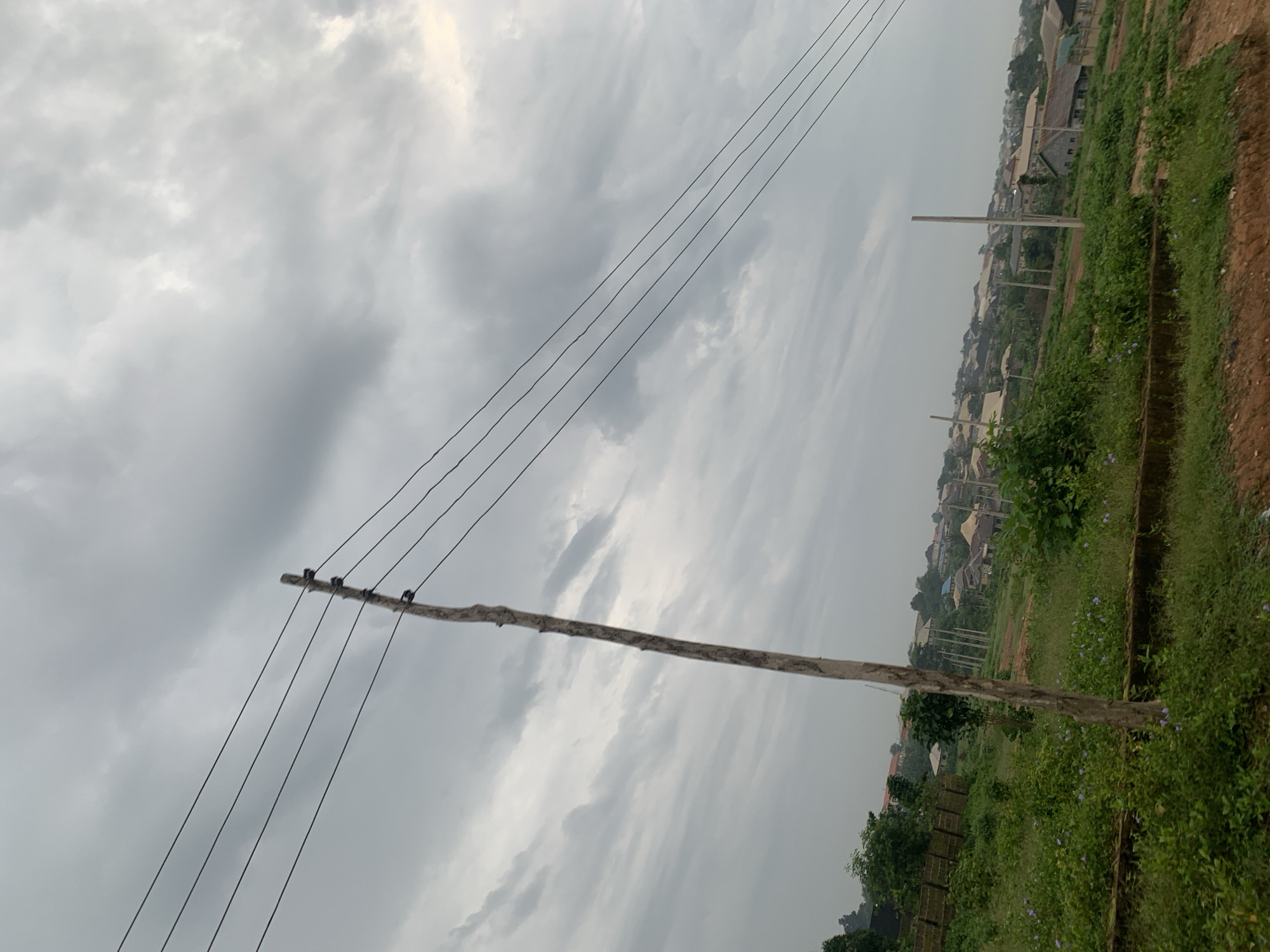 The image depicts a rural or semi-rural landscape under an overcast sky. In the foreground, a rough wooden pole stands vertically, supporting several parallel electrical wires that stretch across the frame. The ground is covered in green vegetation, including tall grass and some scattered purple wildflowers. A low, dark brown border runs horizontally across the lower portion of the image. In the middle ground and background, a settlement of houses with various roof types is visible, nestled among trees and vegetation. The overall impression is one of a quiet, perhaps developing, community.