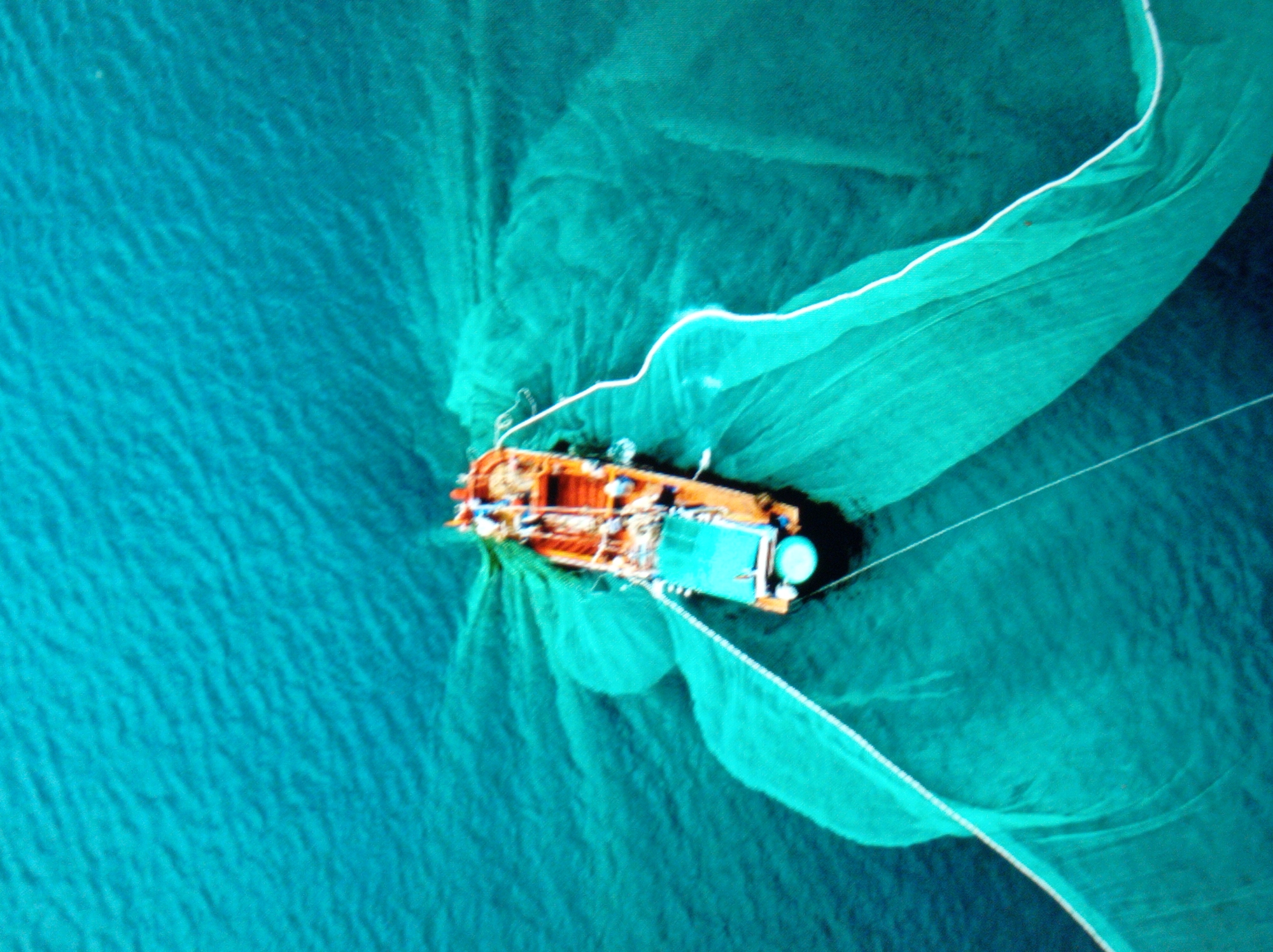 An aerial, high-angle, wide shot shows a fishing boat in the center of the frame, with a large net cast into the turquoise water. The boat is orange and brown with a blue structure on top and is oriented diagonally from the top center to the bottom right. The net is a pale green and stretches outwards from the boat, creating a wide, wavy pattern on the surface of the water. The water has ripples and appears slightly choppy. There are no visible people on the boat, nor any other boats or landforms in the scene. The image appears to be a photograph taken from a drone or aircraft. There is no indication that this image is located in Mukachevo, Ukraine.