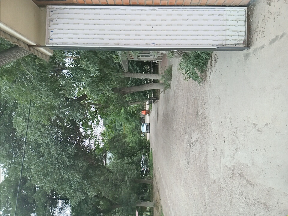 In Angren, Uzbekistan, a dusty, unpaved road leads into a treelined street. A white car is parked on the road, and a person wearing an orange shirt is walking away from the camera. On the right side of the image, a building has a white panel covered in vertical strings of lights, attached to a brick wall. The overall scene appears to be a quiet, possibly residential or commercial area in the city.