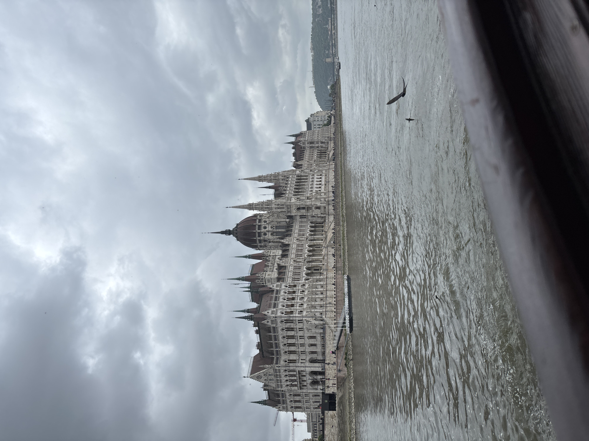 The image shows the Hungarian Parliament Building in Budapest, Hungary, viewed from across the Danube River on a cloudy day. The river is choppy, and two birds are flying over it. The right edge of the image is partially obscured by a dark, possibly wooden, structure.