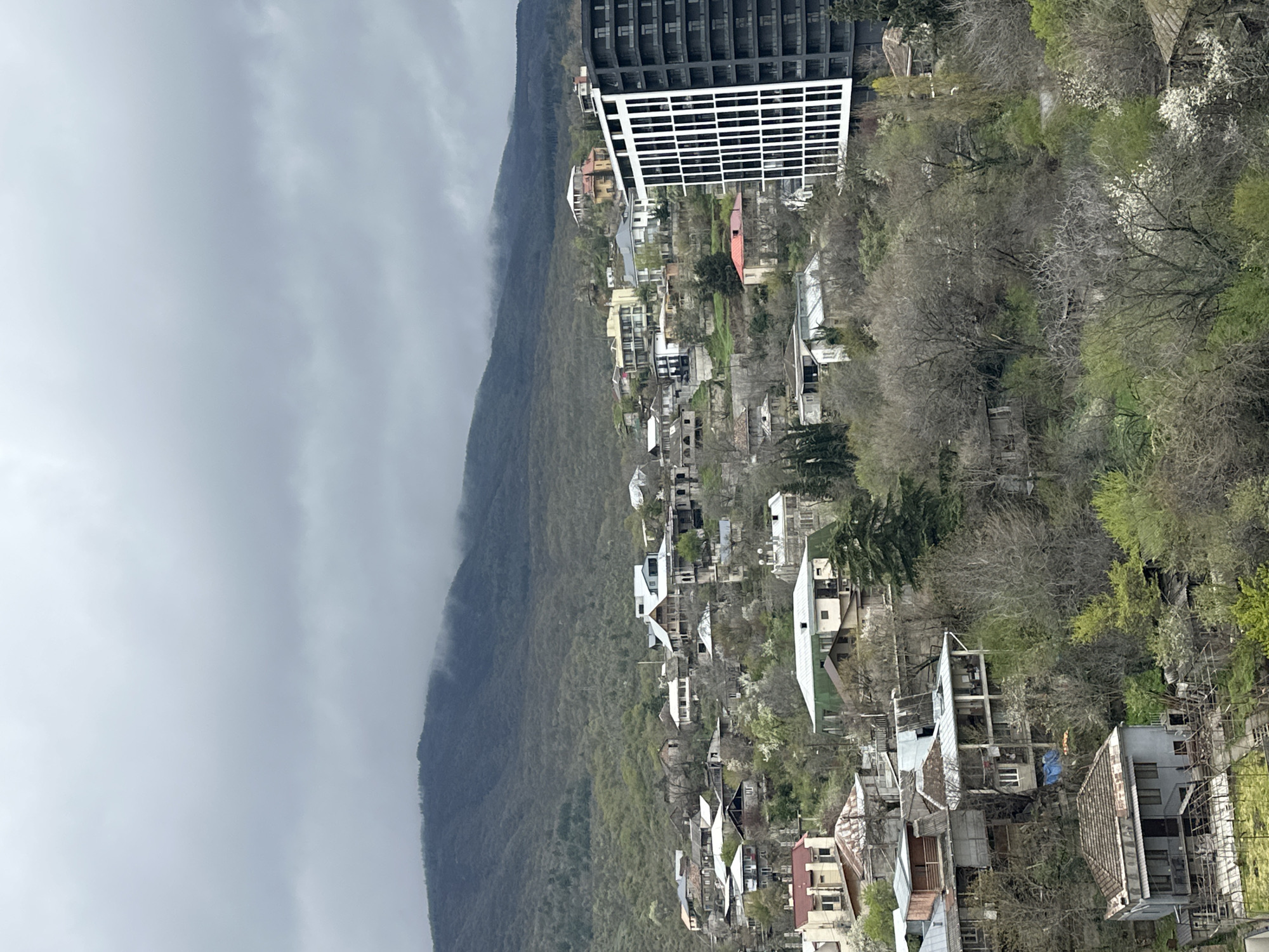 The image shows a hillside neighborhood in Tbilisi, Georgia on a cloudy day. On the left, a mountain is partially obscured by low-lying clouds. On the right, houses of various sizes and architectural styles are nestled among trees. A modern, high-rise building with a white grid-like structure is visible at the top of the neighborhood. The overall scene suggests a blend of urban and natural environments with a somewhat rundown aesthetic.