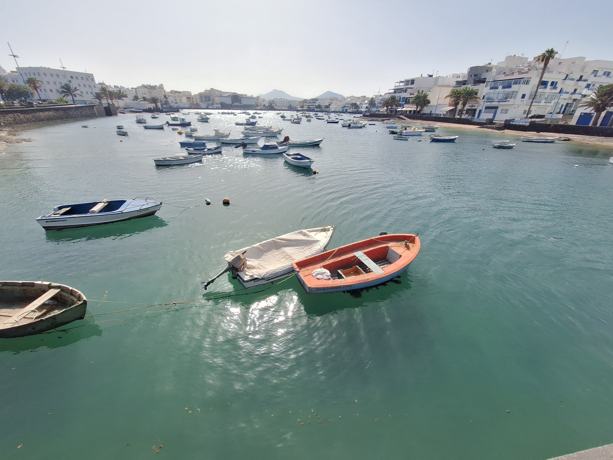 The image depicts a harbor scene in Arrecife, Spain, under a clear, bright sky. Numerous small boats are moored in the tranquil, green waters. In the foreground, a dinghy with wooden planks is tethered to a rope, and two other boats, one covered and with an outboard motor, and a small orange boat, are also visible. The middle ground shows a multitude of white and blue boats of varying sizes, some with awnings or covers. The background features a waterfront with white buildings, some featuring blue accents, palm trees, and what appear to be distant hills or mountains. The architecture suggests a Mediterranean or coastal European setting. The water is calm, reflecting the sunlight, and the overall atmosphere is peaceful. There are no people visible in the image.