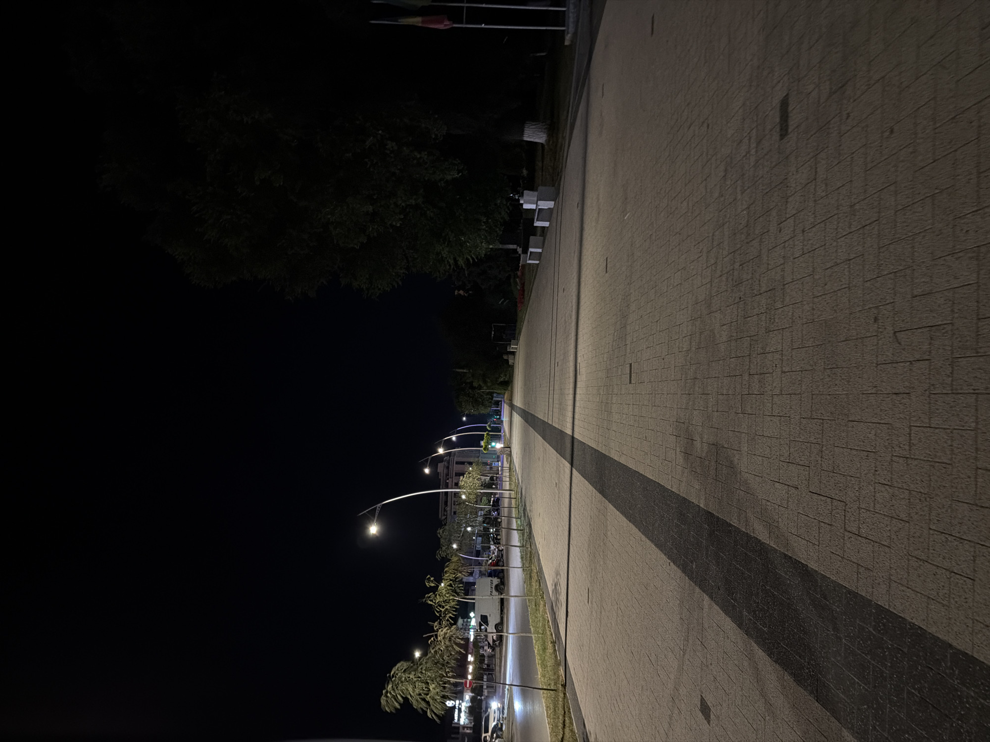The image depicts a long, paved pedestrian walkway in Strășeni, Moldova, at night. The walkway is made of light-colored rectangular pavers with a dark grey strip running down the center. The path is lined with young trees and streetlights that illuminate the scene. On the left side of the walkway, a road with some vehicles and buildings can be seen. On the right side, there is a large tree and more trees in the distance, along with some park benches and flagpoles. The sky is dark and clear.