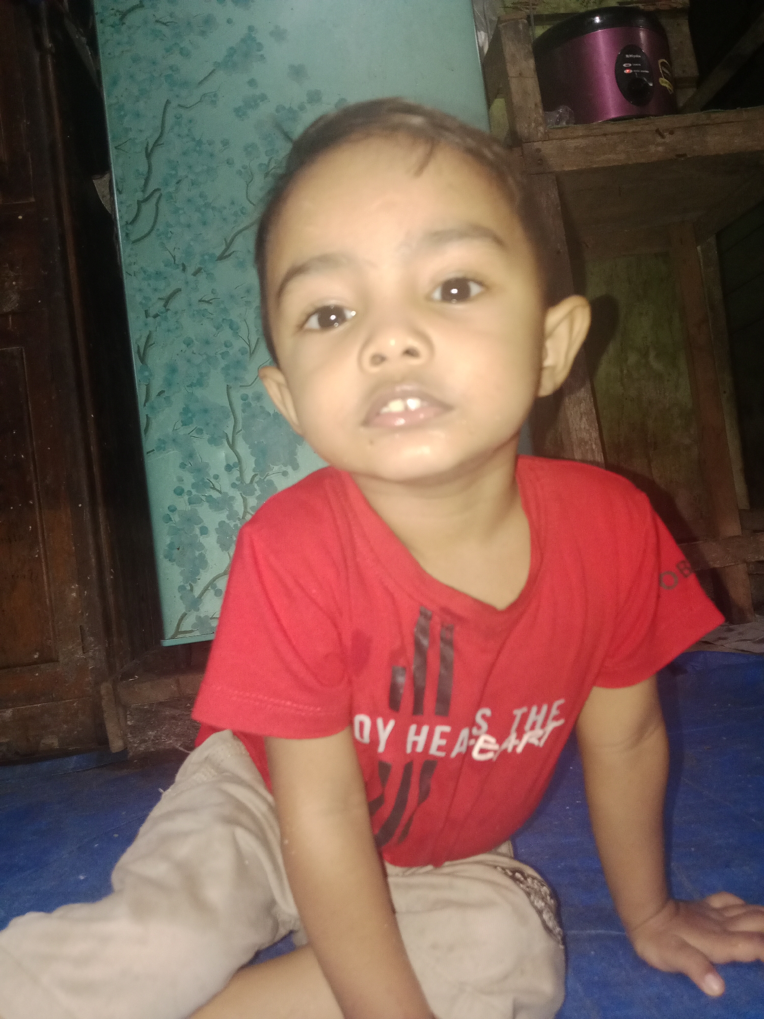 A young East Asian child, appearing to be between 3 and 5 years old, is seated on a blue tarped floor indoors. The child is wearing a red t-shirt with black and white text that reads "MY HEA THE" and tan pants. The child is looking directly at the camera with a neutral expression. In the background, to the left, is a dark wooden cabinet with a blue and green patterned wallpaper behind it. To the right, wooden shelves are visible, with a pink rice cooker on the top shelf. The overall environment appears to be a dimly lit, domestic setting in Meunasahara, Indonesia.