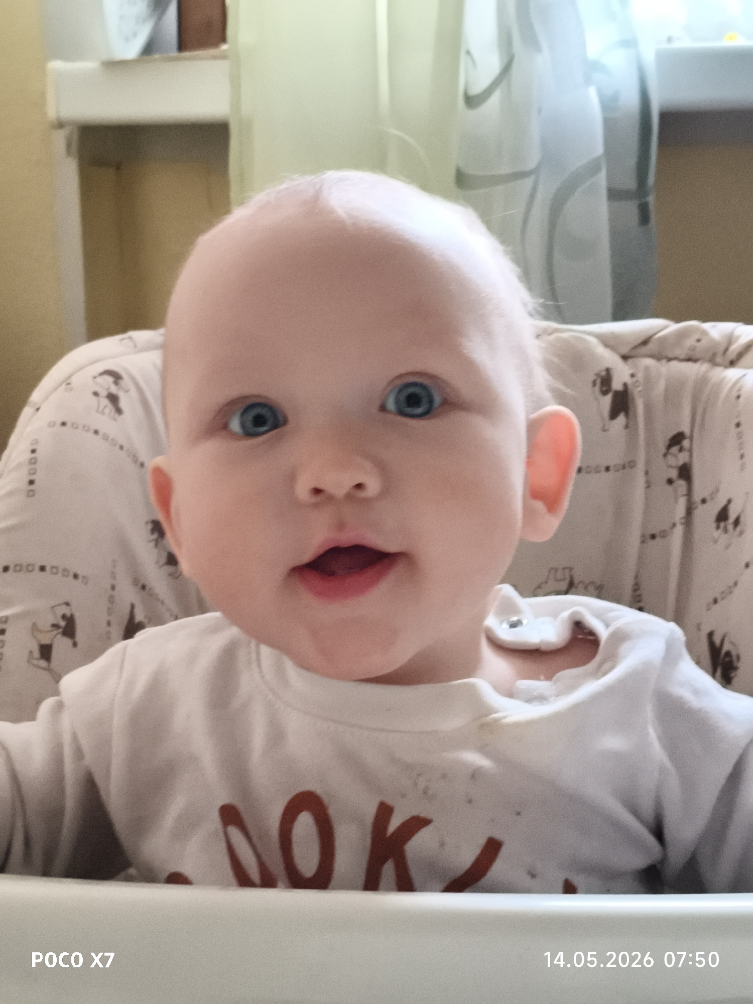 A close-up shot shows a fair-skinned baby with blue eyes and a mostly bald head, seated in what appears to be a high chair with a patterned fabric cover. The baby is wearing a white shirt with an orange-brown design. The background includes a wall with light yellow paint and a window partially covered by a patterned white curtain. The time and date "14.05.2026 07:50" are printed in the lower right corner, and "POCO X7" is in the lower left. There is no information in the image to indicate it was taken in Chaikovsky, Russia.