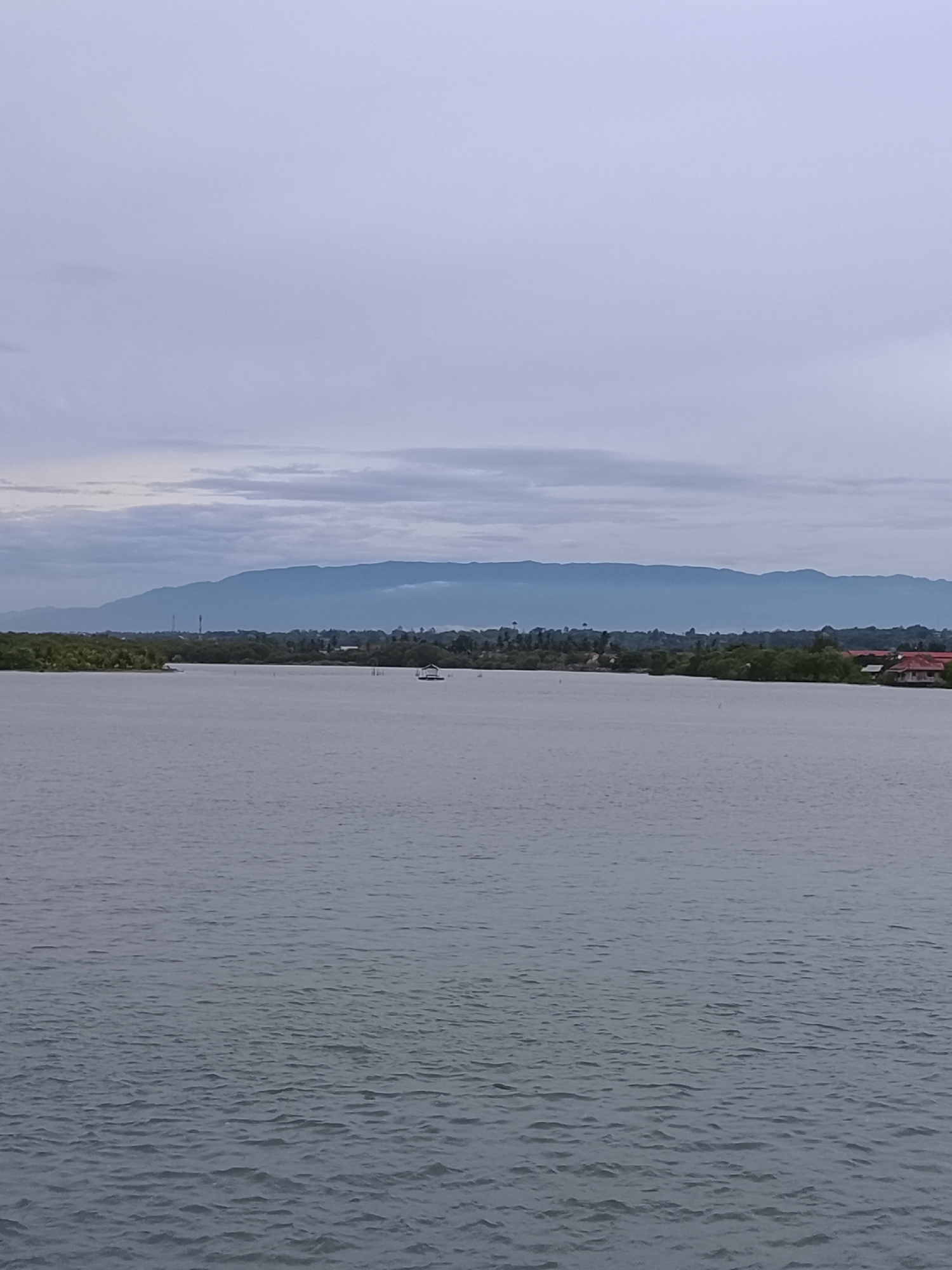 The photograph depicts a serene landscape in Lhokseumawe, Indonesia, characterized by a wide expanse of water in the foreground. Gentle ripples disturb the surface of the water.
Across the water, a line of land is visible, punctuated by trees and vegetation along the shoreline. A few structures, possibly buildings, are interspersed among the trees.
In the distance, a range of mountains extends horizontally across the frame, adding depth to the scene. The sky above is overcast, with a uniform grayish color.