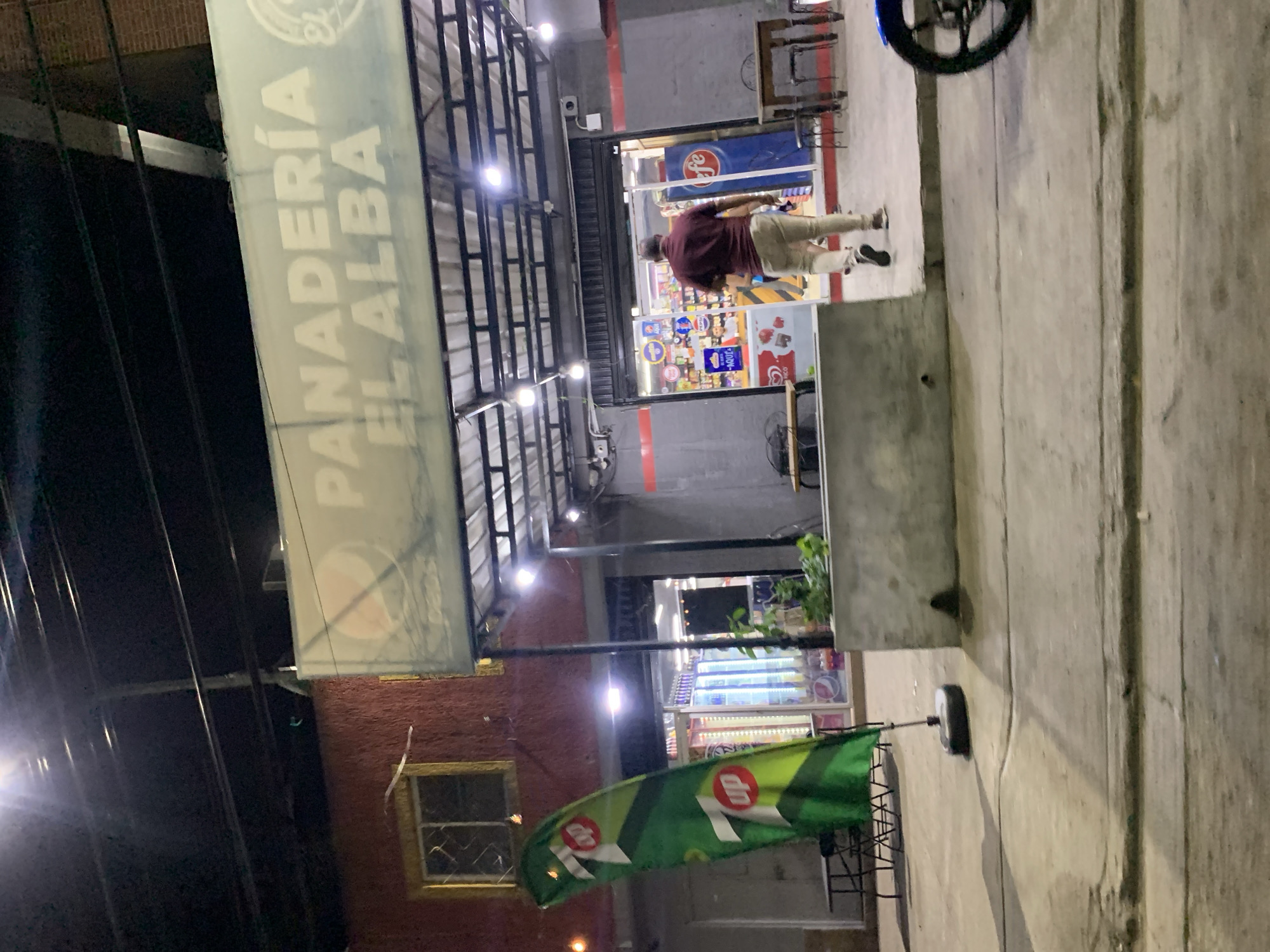 The image shows a storefront in Altagracia, Venezuela. The business is a bakery named "Panadería El Alba". A person is walking towards the store's entrance. A Pepsi advertisement sign is visible above the bakery, and a green banner with white and red logo is hanging outside. The area appears to be a commercial street at night.