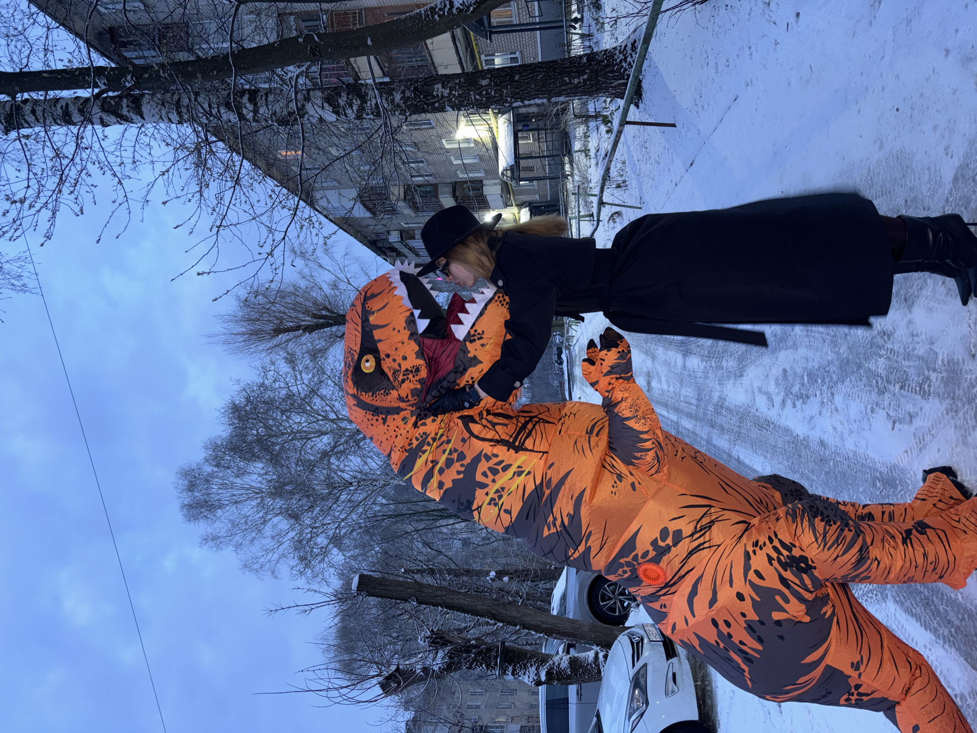 The image depicts a playful outdoor scene during winter in what appears to be an urban area of Perm, Russia. Two figures are central: one person is fully encased in a large, inflatable orange and black T-Rex costume, and the other is a woman wearing a black wide-brimmed hat, a long black coat, and black boots.
The T-Rex costume's head is lowered, positioned as if it's playfully "biting" or nuzzling the woman, who is looking up at it with her head tilted back, her hands near the T-Rex's head. This suggests a humorous and lighthearted interaction.
The ground is covered in snow, and the trees in the background are bare, indicating cold weather. The sky is a pale blue, and distant multi-story apartment buildings, some with lights on, suggest it might be late afternoon or dusk. Parked cars are visible along the snowy roadside, including a white car with a partially visible Russian license plate, confirming the geographical context. The overall mood is one of quirky fun in a cold, winter setting. No specific legible text is visible beyond the general appearance of the Russian license plate.