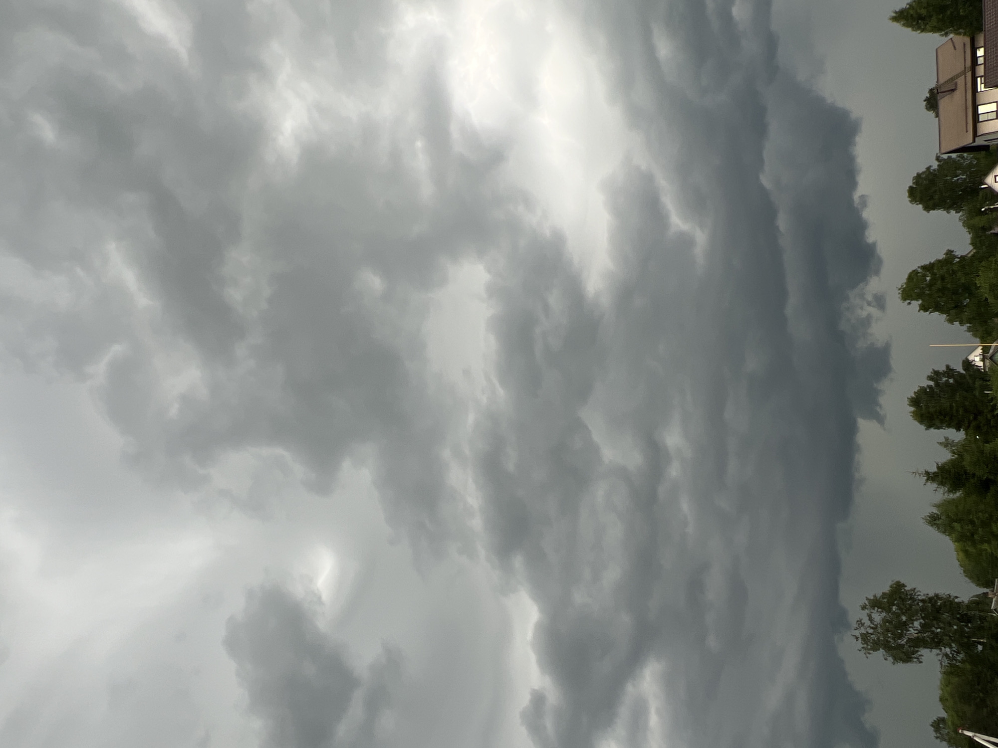 This image depicts an overcast sky with dark, heavy clouds, suggesting impending rain or a storm. The scene is set in Enkolovo, Russia, with the tops of trees and several houses visible at the bottom of the frame. The overall atmosphere is gloomy and somber. There are no people or animals visible in the image. The sky dominates the frame, with swirling patterns of gray and white clouds. A few houses with pitched roofs and windows are visible amidst the trees. The foliage is lush green, indicating a temperate climate. The lighting is dim and diffused due to the cloud cover.