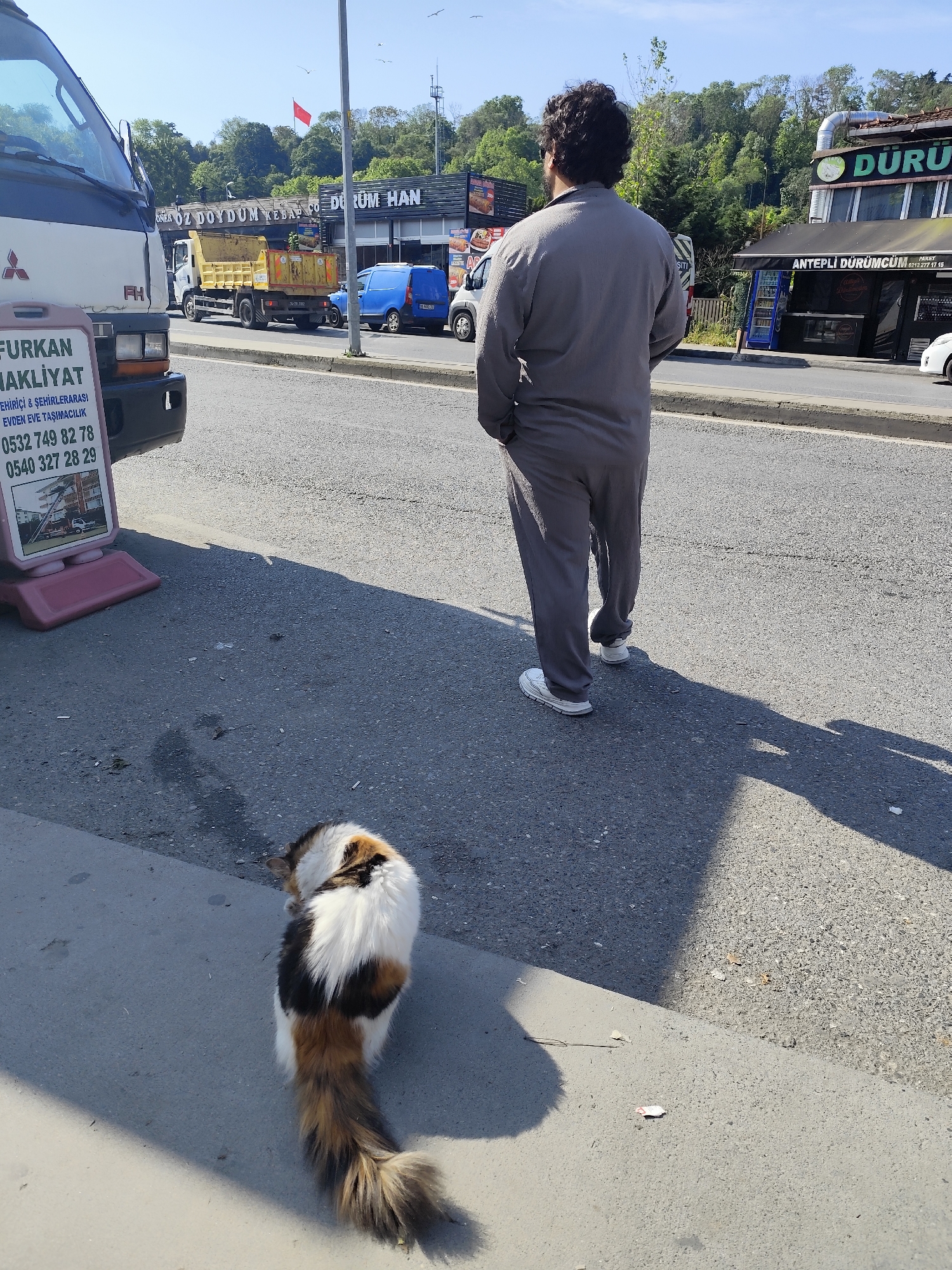 The image captures an outdoor scene on a city street in Sarıyer, Turkey. A man stands with his back to the camera, wearing a gray sweatsuit and white shoes. To his left, on the sidewalk, a tricolored cat is positioned with its back facing the camera. A Mitsubishi truck is parked on the left, featuring a sign advertising "FURKAN NAKLIYAT" with contact numbers. Behind the man and truck, the street shows other vehicles and establishments. A sign reading "OZ DOYDUM KEBAP CO DU UM HAN" is visible above one of these establishments, while another structure advertises "DURU" and "ANTEPLİ DÜRÜMCÜM." The scene suggests a sunny day, with shadows cast by the man and the cat. The environment includes trees, a red flag in the distance, and overhead wires.