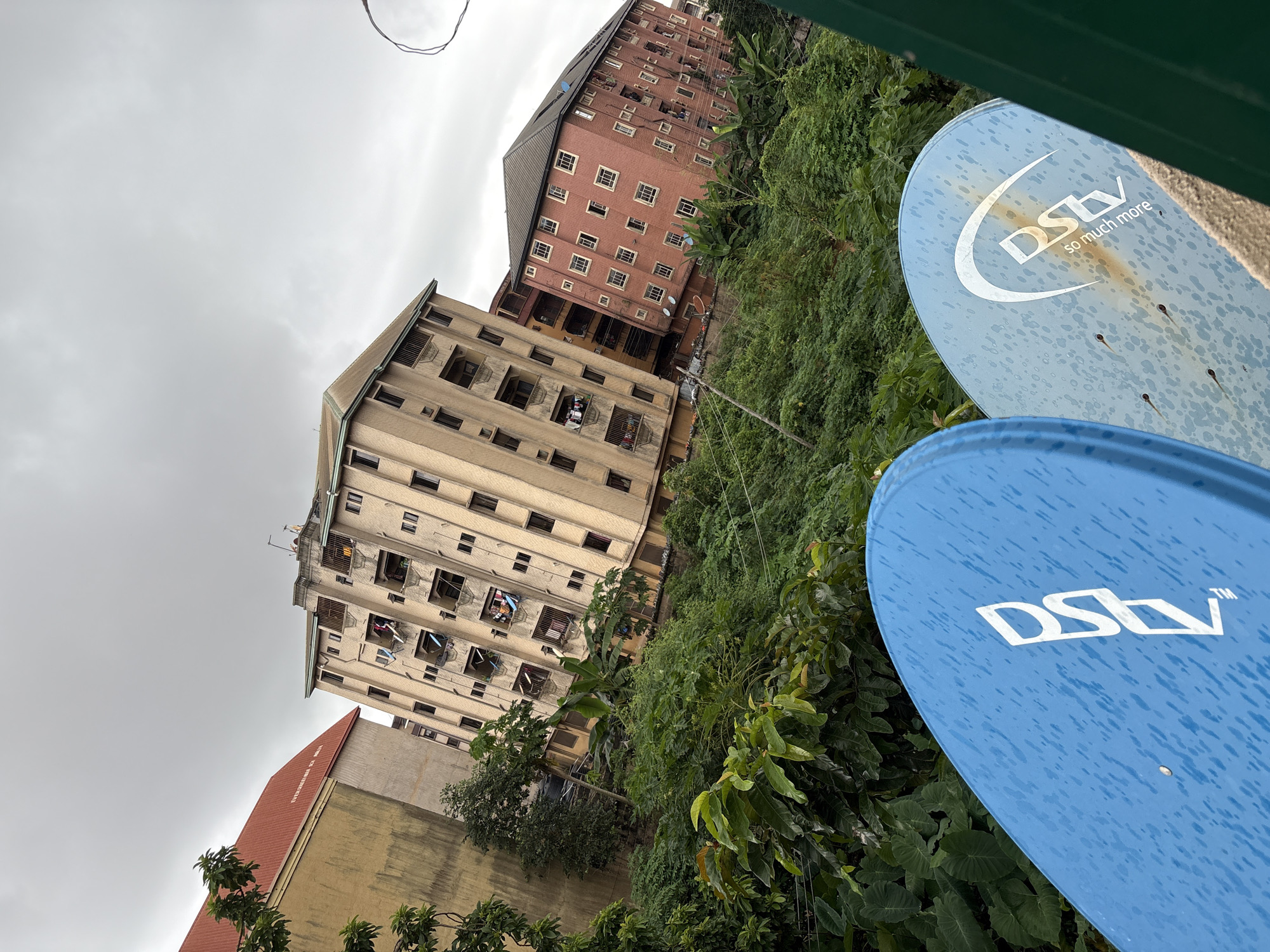 The image depicts a view from an elevated position in Onitsha, Nigeria, looking towards several multi-story residential buildings. In the foreground, two blue satellite dishes are visible, one in sharp focus showing the "DSN" logo and the text "so much more". The dishes appear to be mounted on a ledge or rooftop. Behind the dishes, lush green vegetation covers the landscape, with large-leafed plants and trees.
The buildings are characterized by their pastel colors and numerous windows and balconies. The building on the left is a light yellow structure with a red-tiled roof. The central building is a beige, multi-story structure with balconies where laundry is visible hanging. To the right, a pinkish-red building also features multiple floors with windows and satellite dishes. The sky is overcast with gray clouds. The overall impression is an urban residential area with significant greenery.