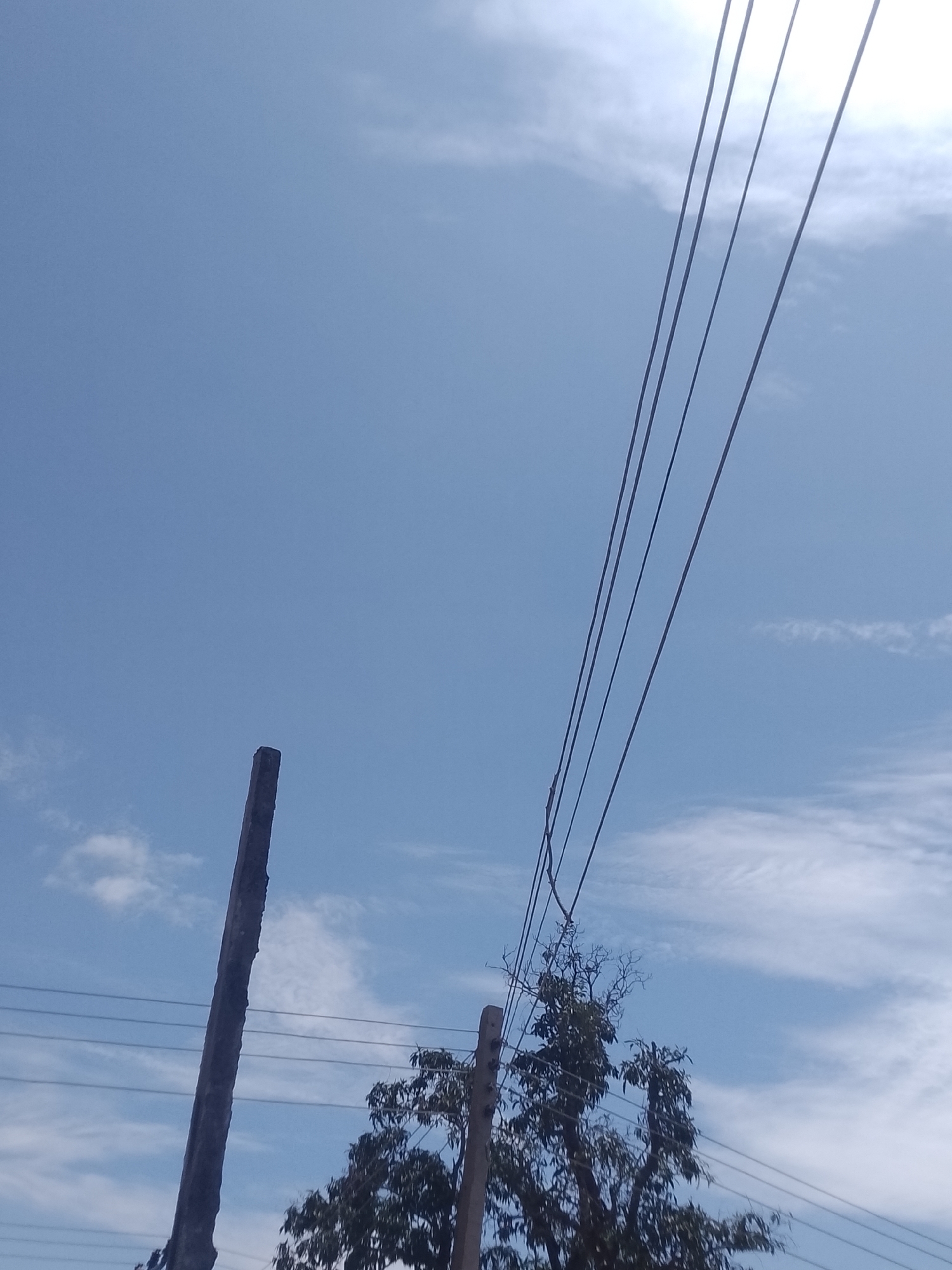 The image captures a view of a bright, partly cloudy sky with several power lines stretching diagonally across the frame. A tall, dark pole stands vertically on the left side, with another pole and the top of a tree visible on the right. The sky is a clear blue, with wispy white clouds scattered across it. The sun appears to be shining brightly, creating a slight glare at the top of the image. The power lines are thin and dark, creating a strong linear element against the sky. The overall impression is one of an outdoor scene on a clear day, with man-made infrastructure elements integrated into the natural landscape. The lighting suggests it is daytime, likely mid-morning or afternoon given the brightness of the sky and the presence of clouds. There are no visible people or text in the image.