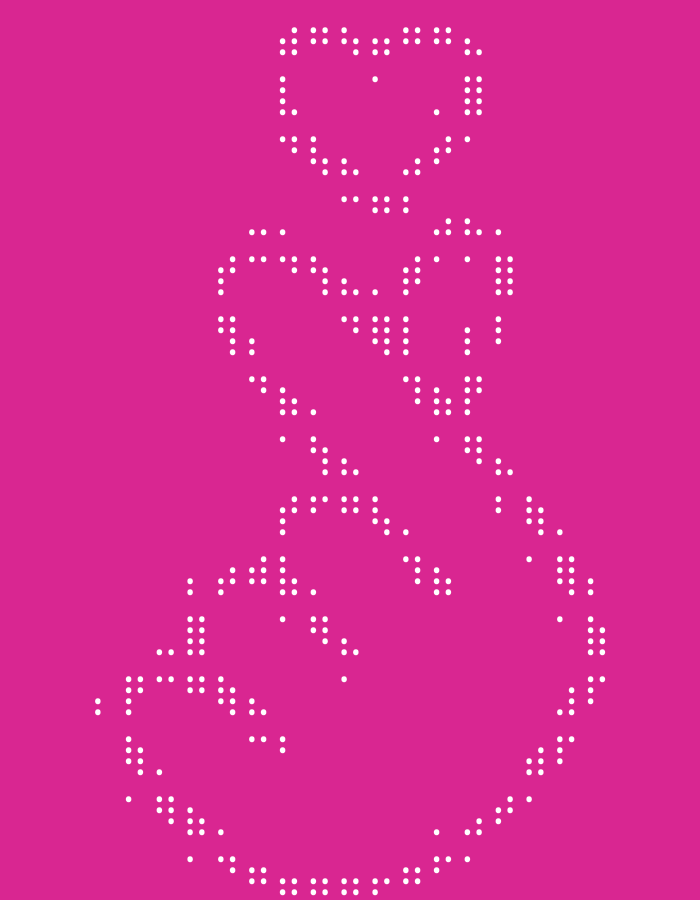 The image displays a digital representation of a pink background with a heart shape formed by a pattern of white dots. The heart shape is not a solid fill but is outlined and partially filled with these dots, creating a pixelated or perforated effect. The overall composition is minimalist and abstract, focusing on the heart symbol. There is no discernible location in Natal'ino, Russia depicted in this image, as it is a purely graphic design.