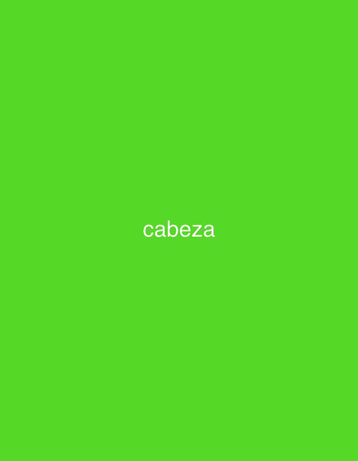 The image displays a solid, vibrant green background. Centered horizontally and vertically on this background is the Spanish word "cabeza," written in white, sans-serif lowercase letters. There are no other visible subjects, objects, or activities depicted in the image. The green color is uniform across the entire frame.