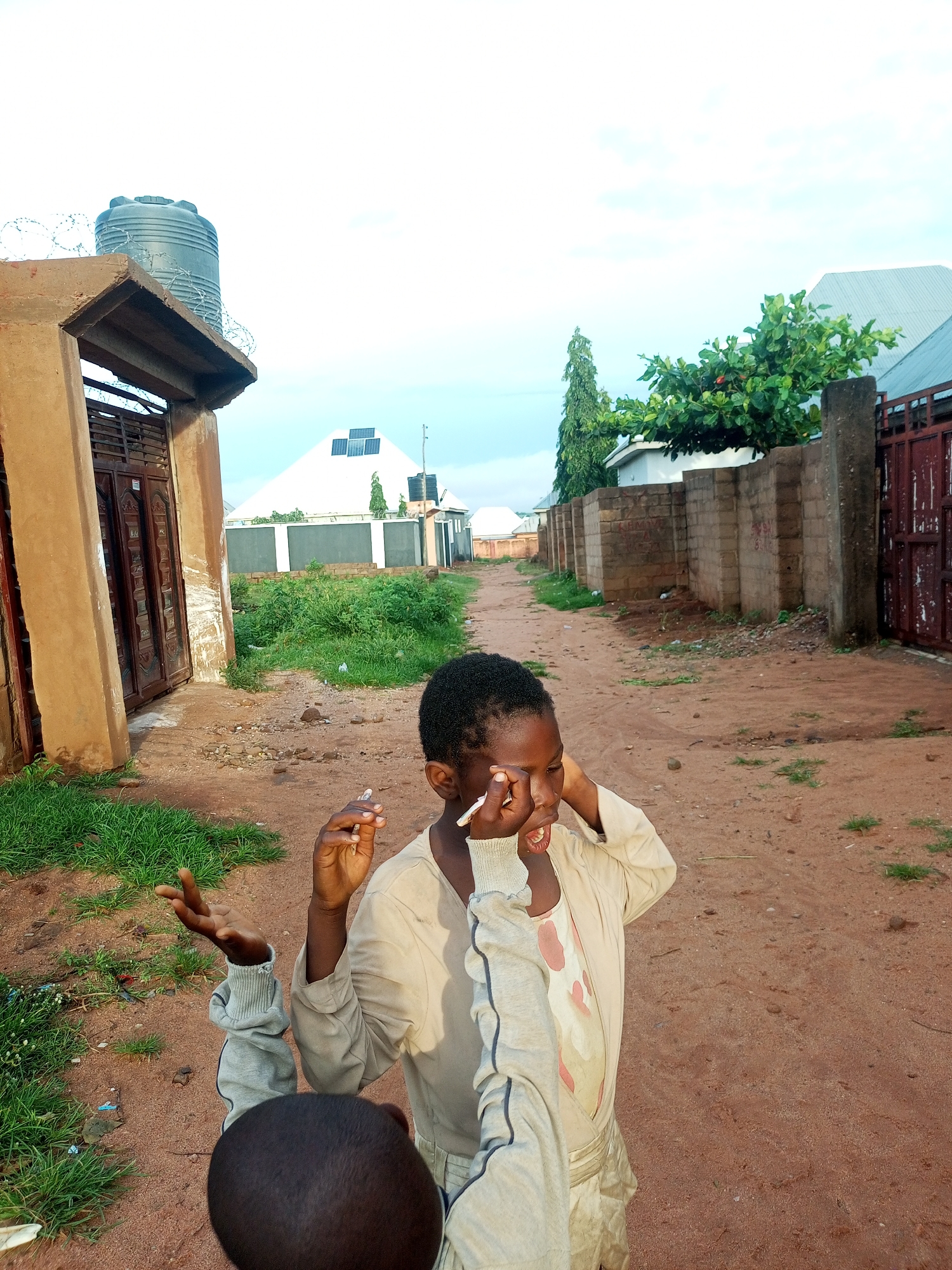 In Tempure, Nigeria, an outdoor scene unfolds on a dirt path flanked by a building with a large metal gate on the left and a brick wall with a metal gate on the right. The sky is overcast with a few clouds.
In the foreground, two young children are present. The child on the right is wearing a light-colored jacket and is holding a cigarette lighter and what appears to be a cigarette. They are looking towards the left, with their right hand touching their face and their left hand extended with fingers spread open. The child on the left is mostly obscured, with only the back of their head visible.
The environment is somewhat rural, with overgrown grass and sparse vegetation on either side of the path. In the background, there are several buildings, including one with solar panels on its roof, a water tank on top of a structure, and a tall, slender evergreen tree. The overall impression is of a residential area with elements of development in progress.