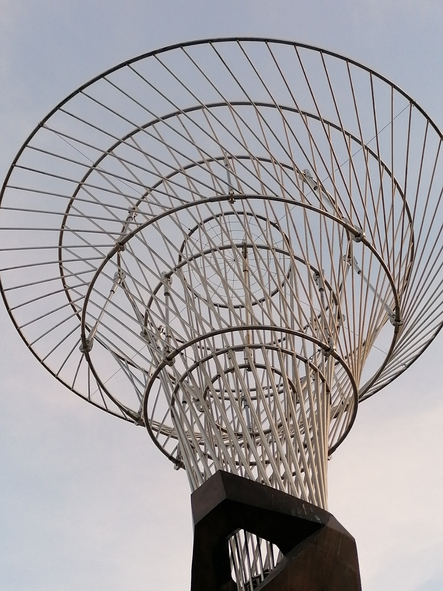 A low-angle shot depicts a metal sculpture, likely a tree-like structure, set against a pale, overcast sky. The sculpture consists of a dark, possibly wooden, base and a multi-tiered, swirling arrangement of metal rings and struts. The rings decrease in diameter as they ascend, culminating in a smaller ring near the top. Thin, vertical metal struts connect the rings, creating a cage-like effect. The location appears to be the city of Unknown, Unknown.