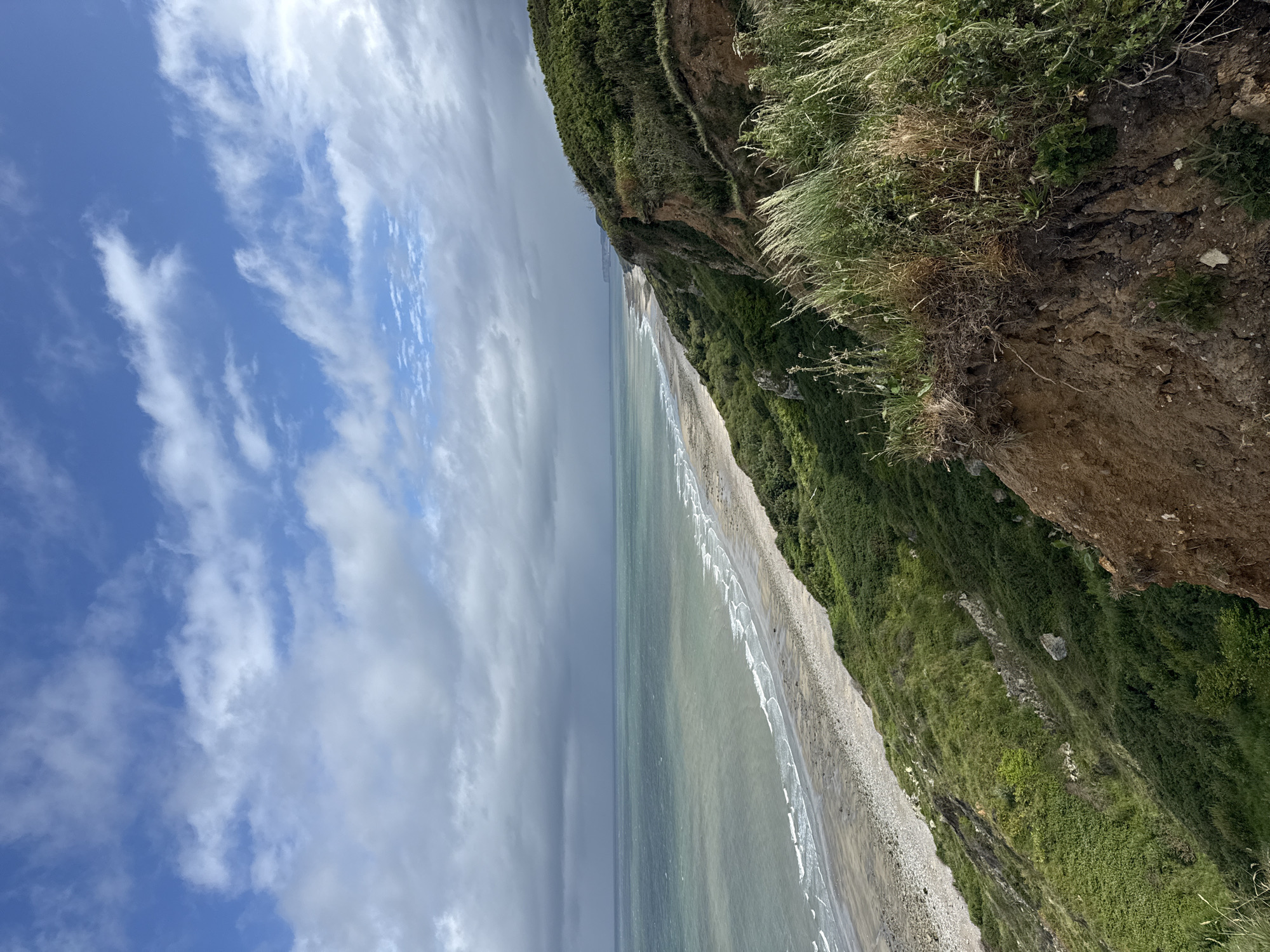 The image displays a panoramic coastal landscape in Octeville-sur-Mer, France, observed from an elevated perspective. The upper sky features patches of clear blue with scattered white cumulus and cirrus clouds, while the lower sky over the sea transitions to a uniform, darker grey overcast. The sea exhibits variations of greenish-grey and light blue, with discernible white-capped waves breaking along the extensive shoreline. The beach below consists of a mix of light-colored sand and grey pebbles/shingle, stretching horizontally across the frame into the distant background.
In the immediate foreground, a steep, eroded earth cliff face is visible, composed of reddish-brown soil with exposed root systems and sparse, dry grasses. This cliff edge descends into a densely vegetated slope covered in lush, dark green shrubs, grasses, and low-lying plants. The green-covered slopes extend along the coastline, creating a natural barrier between the land and the beach. Further along the coast, distant white cliffs are faintly visible under the grey sky, receding towards the horizon. No people, discernible man-made structures, or specific actions are present within the observable scene.