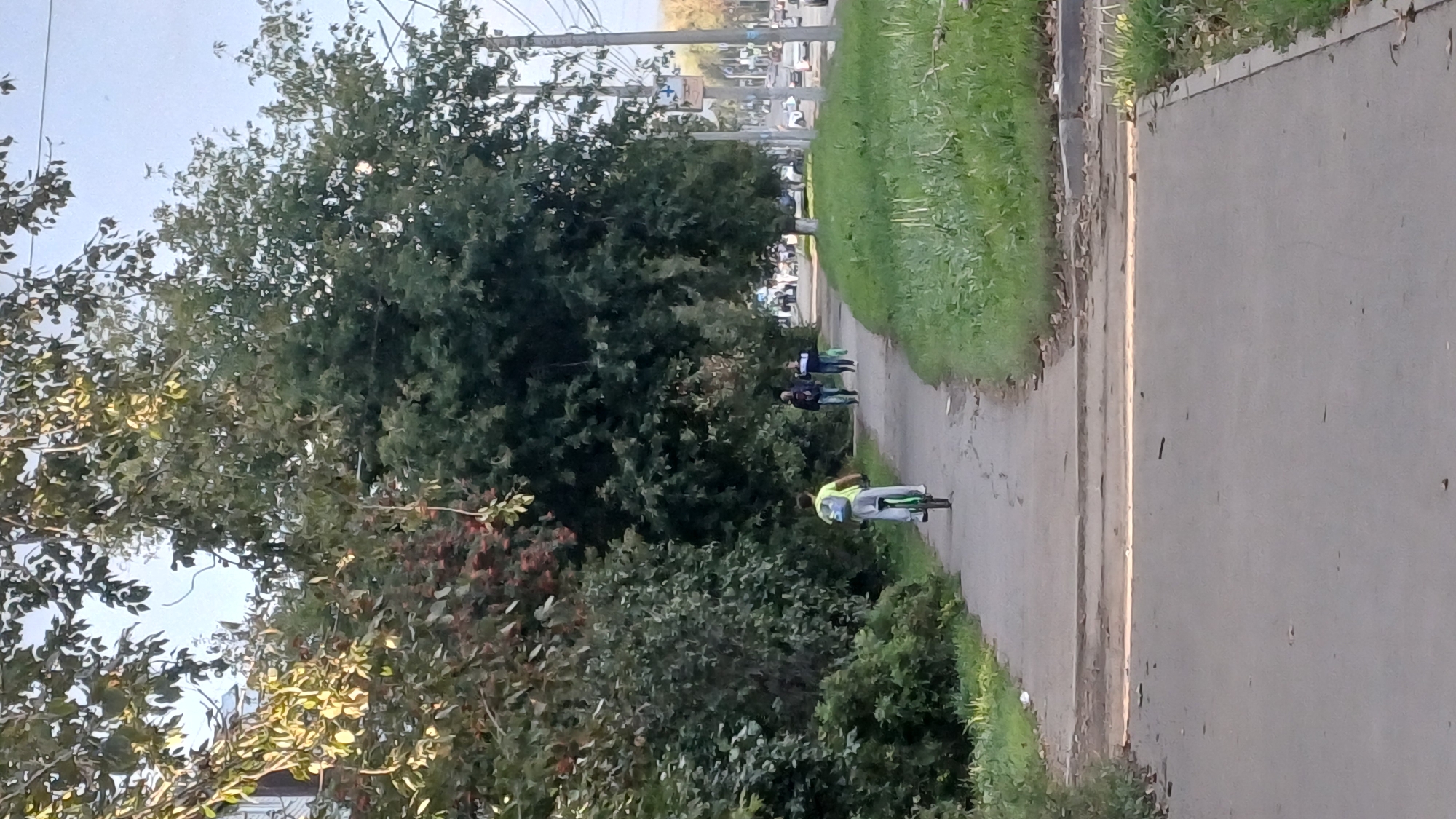The image depicts a tree-lined pedestrian and bicycle path in Izhevsk, Russia. A person is riding a bicycle down the path, wearing a neon yellow shirt and a backpack. Two individuals are walking on the path ahead of the cyclist, one wearing a dark jacket and the other a blue and white jacket. The path is flanked by lush green grass and dense trees. In the background, a street with passing cars and utility poles is visible, suggesting an urban environment. The sky is clear and bright. The scene appears to be a typical day in a park or along a residential street in Izhevsk.