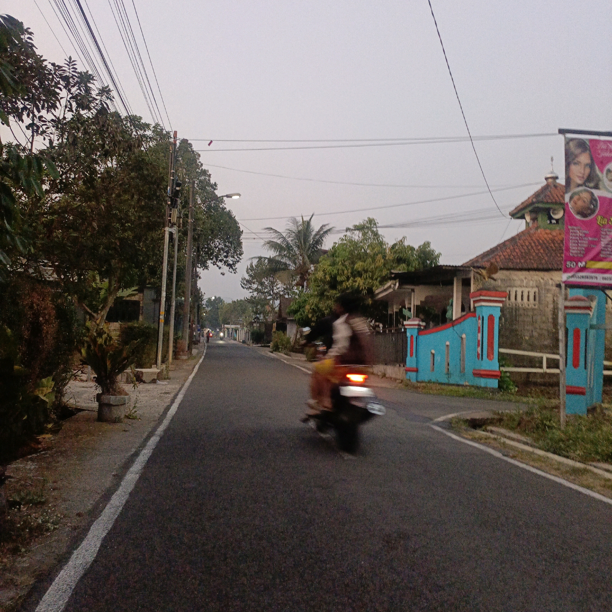 The image depicts a street scene in Salatiga, Indonesia, likely in the late afternoon or early evening, given the soft, overcast sky. A paved road with a white dividing line runs through the center of the frame, curving slightly to the left as it recedes into the distance. On the right side of the road, a row of houses with tiled roofs is visible, bordered by a brightly painted blue and red fence. A banner displaying a woman's face and text, possibly an advertisement, is attached to a pole near the houses. On the left side of the road, there are dense trees and foliage, with some potted plants and a concrete planter visible along the edge of the road. A utility pole with numerous cables running overhead stands prominently on the left. In the foreground and mid-ground, a motorcycle with two blurred figures is traveling away from the camera, its taillight illuminated. Further down the road, a few other blurred lights suggest additional vehicles or pedestrians. The overall impression is a quiet, residential street in a tropical or subtropical environment.