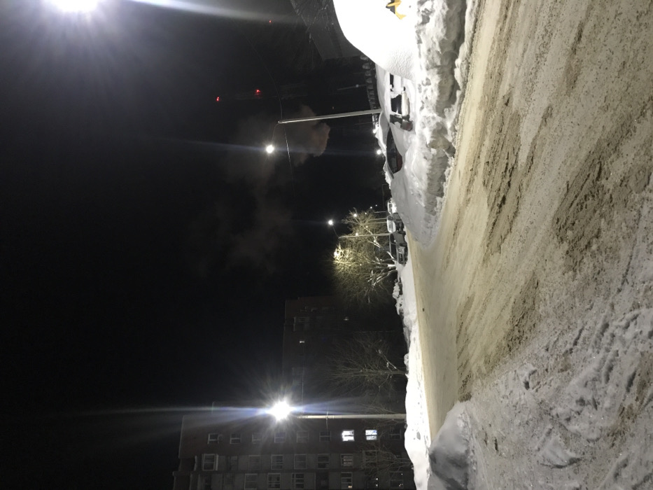 A night scene depicts a street lined with snow-covered curbs and parked cars. Streetlights illuminate the dark sky, casting light on the adjacent buildings. Bare trees stand between the lights. Smoke rises from a chimney stack. The scene conveys a sense of cold, urban isolation during a winter night.