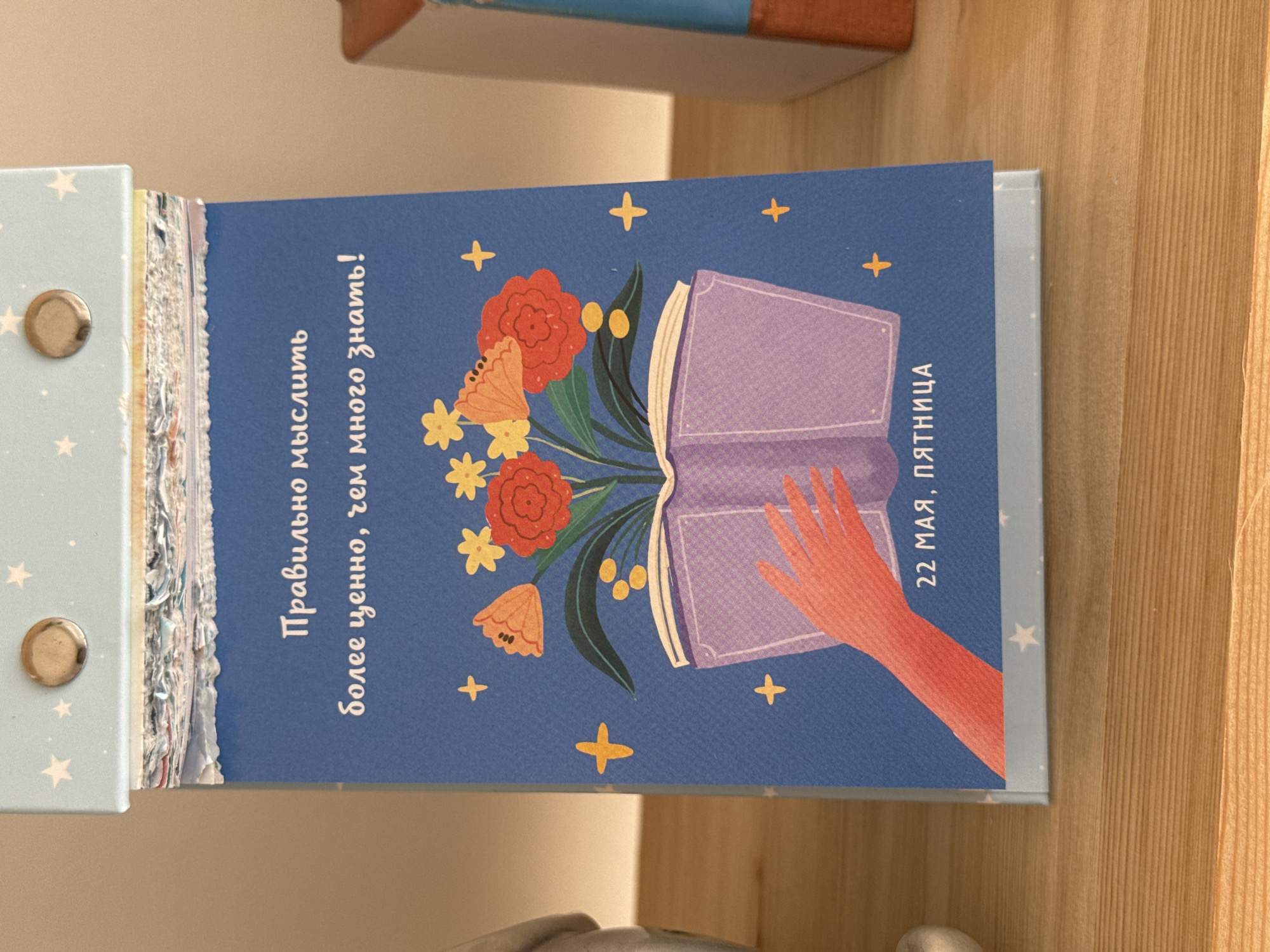 The image shows a calendar page with a blue background and an illustration featuring an open book with flowers and butterflies. A hand appears to be reaching out to the book. The text on the page reads: "Правильно мыслить более ценно, чем много знать!" (Thinking correctly is more valuable than knowing a lot!) and "22 мая, пятница" (May 22, Friday). The calendar is placed on a wooden surface. There is no mention of Izhevsk, Russia in the image.