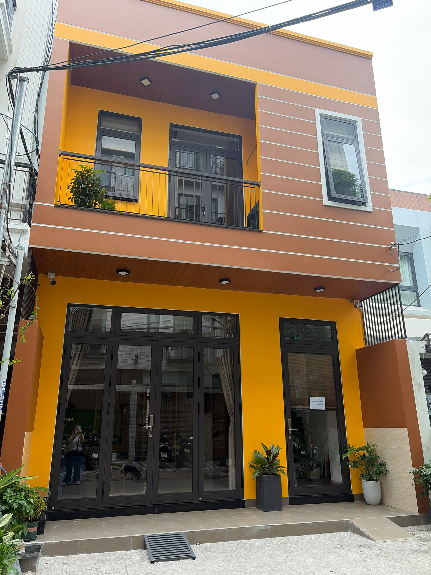 The image shows a three-story building with an exterior painted in bright yellow and brown. The building is located on a street in Da Nang, Vietnam, as indicated by the street sign labeled "5.5M" and the architectural style typical of Vietnamese urban environments. The ground floor features large, dark-framed glass doors and windows, reflecting the street outside, where motorcycles are parked. Inside, a person is visible taking a photo, and a dog is sniffing near the entrance. The second floor has a balcony with a black metal railing and a large, dark-framed glass door. Above the balcony is a smaller, dark-framed window. The third floor is mostly brown with horizontal white decorative lines and features a single, large, dark-framed window that is slightly open. The building's facade is adorned with potted plants on the ground floor and a balcony planter. Electrical wires and a security camera are also visible on the exterior. The sky is overcast.