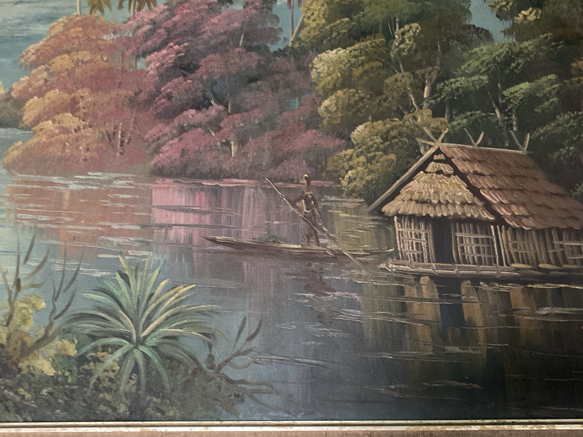 The image depicts a landscape scene, likely a painting, featuring a thatched-roof house built on stilts over water. A figure in a small boat is navigating towards or away from the house. The surrounding environment includes lush vegetation with trees in shades of green, pink, and brown, reflecting in the water. There are plants in the foreground with large leaves. The overall atmosphere is tranquil and tropical. There is no information in the image connecting it to the city of Tinaquillo, Venezuela.