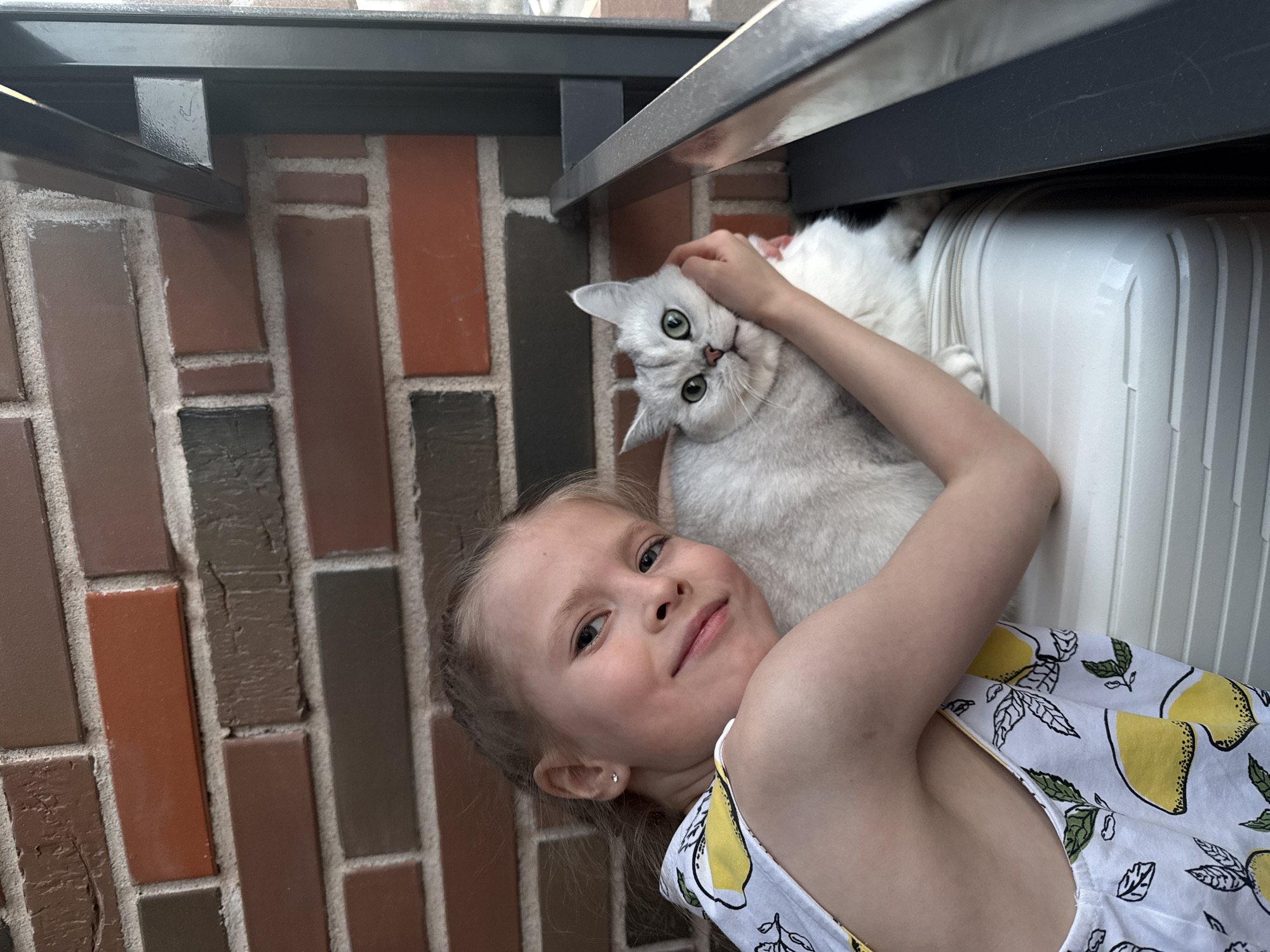 A young girl with blonde hair, wearing a white dress with a lemon pattern, is lying on her side, smiling at the camera. She is positioned next to a white cat with green eyes, which she is touching. The background includes a brick wall, a metal structure, and a white object that appears to be a piece of luggage. The location cannot be determined as Izhevsk, Russia from the provided information.