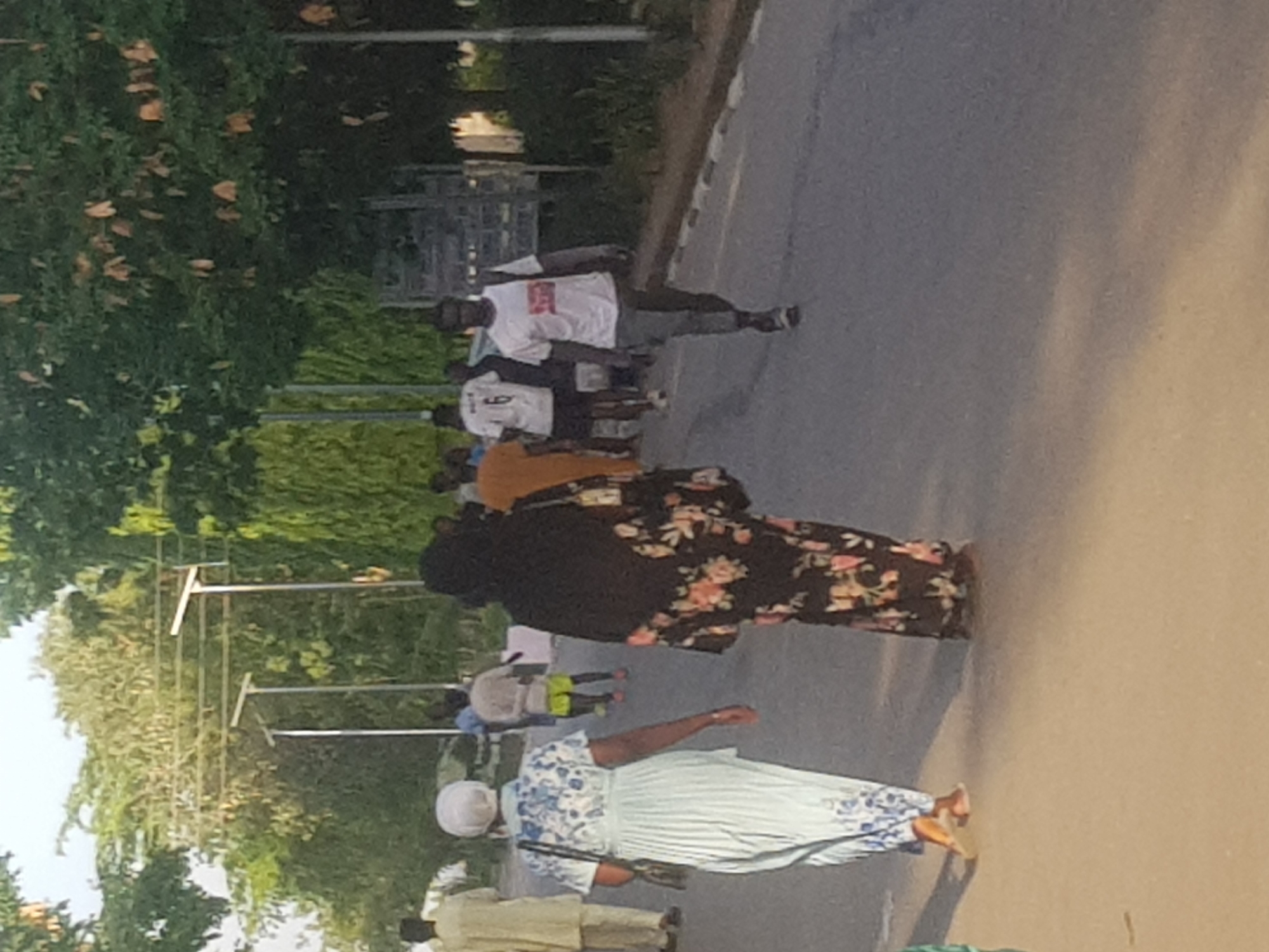 The image captures a street scene in Dabawa, Nigeria. Several people are walking along a paved road, with lush green trees lining the left side of the frame.
A woman in a light blue and white floral dress walks in the foreground, partially obscured by another individual. This person wears a black head covering and a black and floral-patterned dress. Further ahead, there's a group of people, some wearing white shirts and darker pants. The trees on the left create a natural green backdrop. Utility poles are also visible amongst the trees. The lighting suggests it's either early morning or late afternoon.