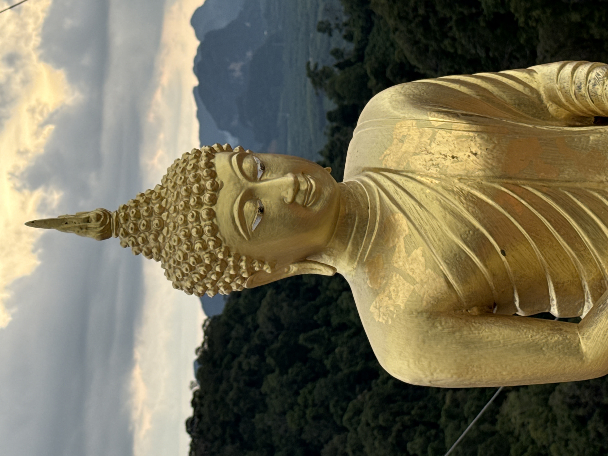 A close-up, eye-level, vertical shot features a golden Buddha statue against a backdrop of lush, green mountains under a cloudy, pale yellow sky. The statue, which is the primary subject, is centrally located and fills most of the frame. It is facing slightly to the right, with its gaze directed downwards and to the side, conveying a serene and contemplative expression. The statue is adorned with traditional robes, which are intricately folded and draped across its body. The gold surface of the statue shows some wear, with patches of lighter gold and darker undertones, suggesting age and exposure to the elements.
The background consists of dense, dark green foliage covering the rolling hills, characteristic of the tropical landscape of Ban Khao Tang, Thailand. In the distance, the hazy outlines of karst mountains rise majestically, adding depth and a sense of grandeur to the scene. The sky is overcast with streaks of pale yellow light filtering through, indicating either sunrise or sunset. A thin, dark wire is visible crossing the left side of the frame, a subtle man-made element in an otherwise natural and spiritual setting.