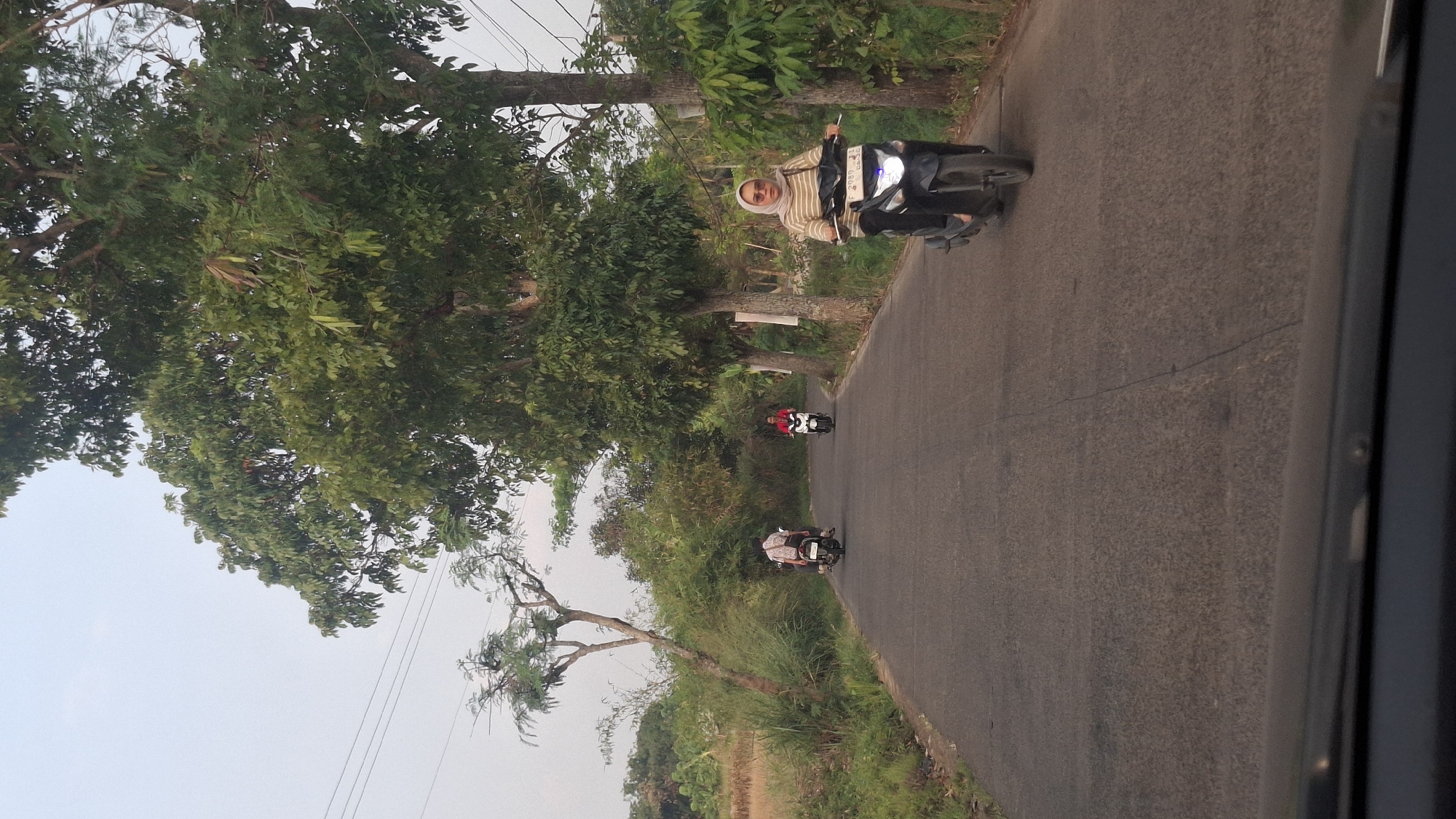 The image depicts a paved road in what appears to be a rural or semi-rural area, likely in or near Cibinong Hilir, Indonesia, given the vegetation and architecture. The road has a slightly worn surface and is flanked by dense greenery, including tall trees and bushes. Several people are riding motorcycles on the road. In the foreground, a woman wearing a striped hijab and sunglasses is riding a dark-colored scooter. Further down the road, two other individuals are also on scooters, one in red and another in a white shirt. The sky is overcast, suggesting it may be late afternoon or early morning. The perspective suggests the photo was taken from inside a vehicle, looking forward.