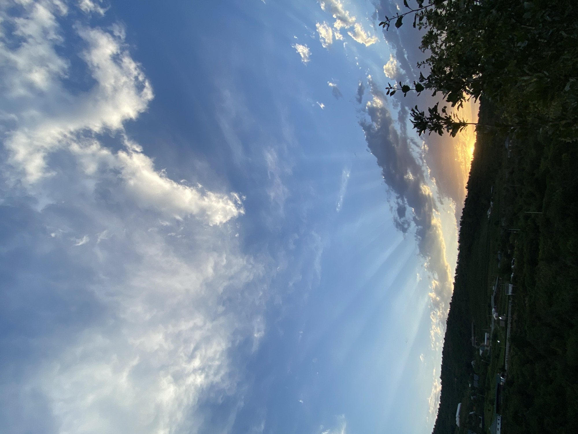 This is a landscape photograph taken outdoors in Almaty, Kazakhstan. The image features a sky filled with dramatic clouds, some brightly lit by the setting sun and others casting shadows. Rays of sunlight are visible, piercing through the clouds and creating a beautiful atmospheric effect. The horizon shows a densely forested hillside, with a small settlement of houses nestled within it. The setting sun is casting a warm, golden glow on the clouds and the distant landscape, suggesting it is late afternoon or early evening. A few branches of a tree are visible in the foreground, framing the scene. The overall mood is serene and peaceful, capturing the beauty of a sunset over a natural landscape. There is no visible text in the image.