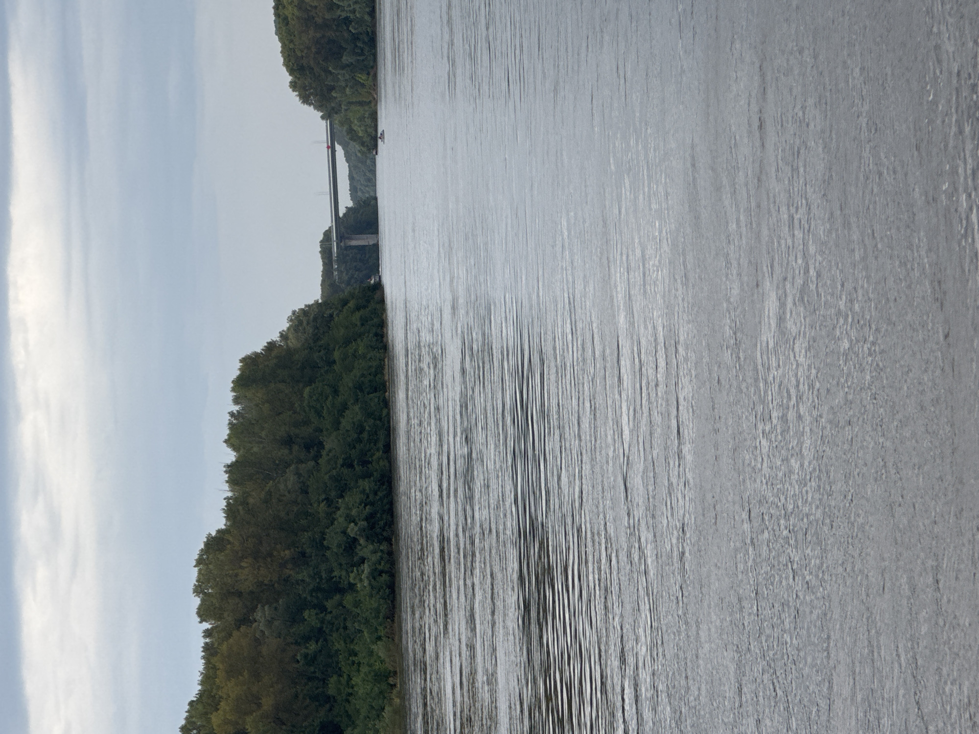 This is a photograph taken from a boat on the Belaya River in Ufa, Russia. The river is wide and choppy, with ripples reflecting the overcast sky. Dense green trees line the banks on both sides. In the distance, a large concrete bridge spans the river, supported by a substantial pillar on the left bank. There are a few small boats on the water, and what appear to be people on the bridge, one of whom is wearing a red jacket. The overall atmosphere is serene and natural.