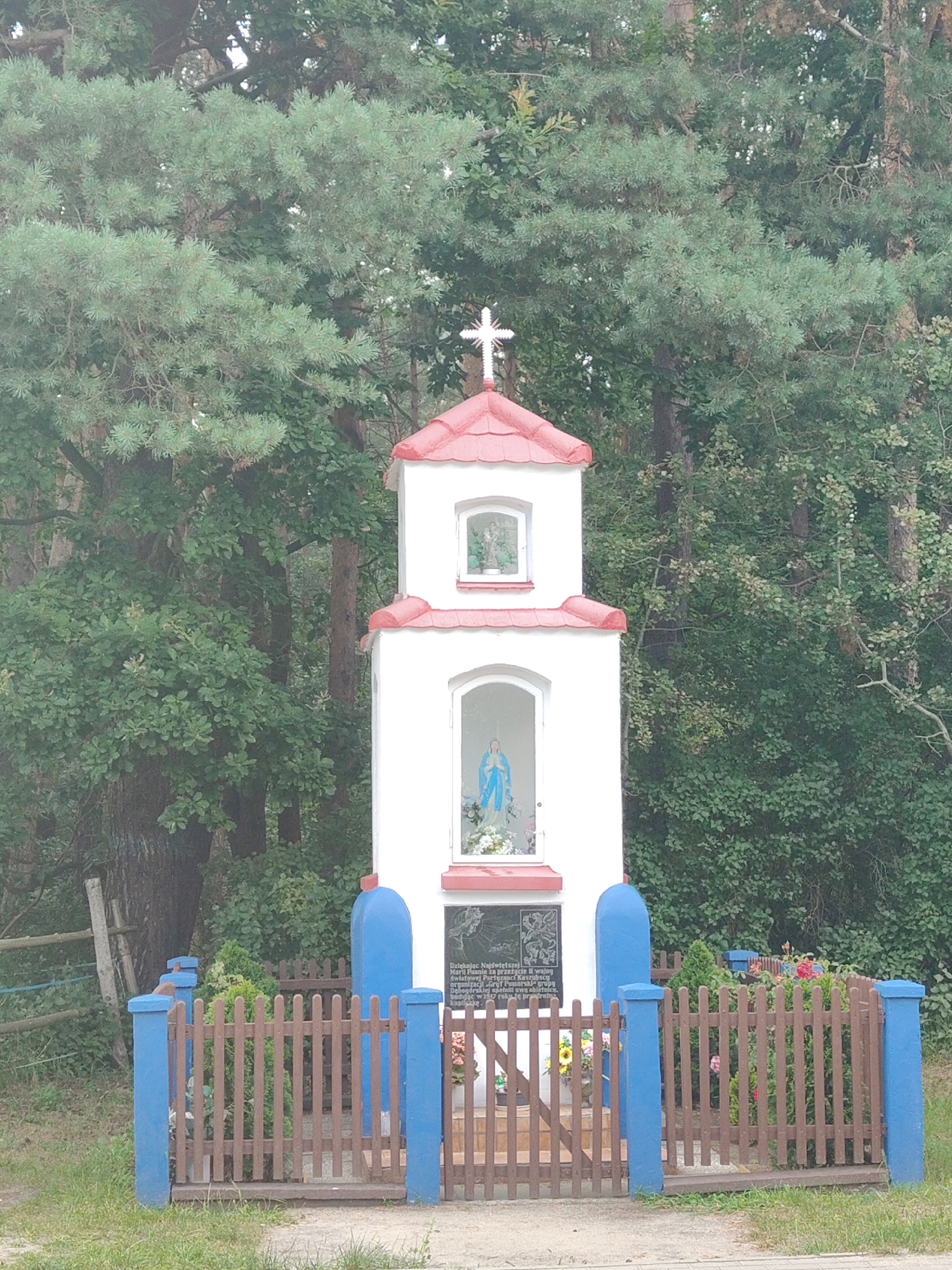 The image shows a wayside shrine with a white, multi-tiered structure topped with a red roof and a cross. A statue of the Virgin Mary in a blue robe is visible inside the lower niche. The shrine is enclosed by a wooden fence with blue posts. In the background, there are trees and foliage. A plaque with Polish text is affixed to the lower part of the shrine. The shrine is located in Dębogórze, Poland, as indicated by the text on the plaque, which reads "Dziękując Najświętszej Marii Pannie za przeżycie II wojny światowej Paryżance Kaszubskiej z Dębogórza w 1945 roku". This translates to "Thanking the Most Holy Virgin Mary for surviving World War II, the Kashubian Parisian from Dębogórze in 1945". The scene appears to be outdoors, with the shrine set against a natural backdrop of trees.