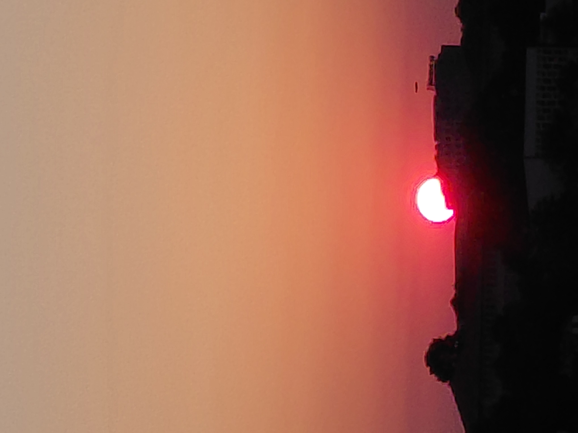 The image captures a sunset over the city of Pleven, Bulgaria. The sun, a bright orb of red and white light, is setting behind a silhouetted treeline and a building. The sky is a gradient of warm colors, transitioning from a pale orange at the top to a deep red near the horizon. The foreground is dominated by dark silhouettes of trees and structures, suggesting a cityscape. The overall impression is one of a tranquil evening in Pleven.