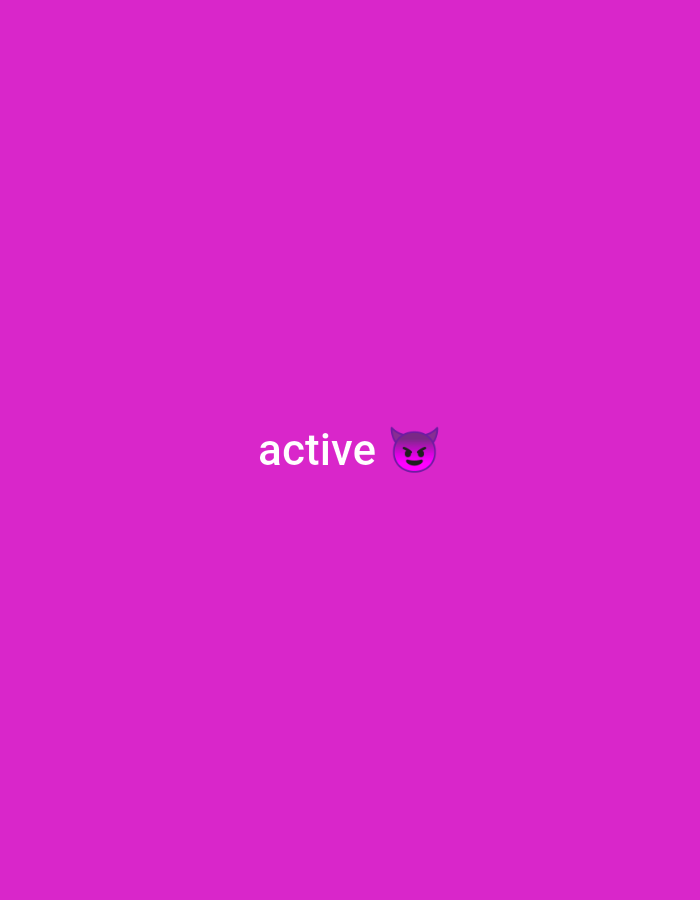 A vibrant pink background displays the word "active" in white, followed by a purple devil emoji. The text and emoji are centered horizontally and vertically within the frame, creating a simple yet playful visual statement. The color palette is dominated by shades of pink and purple, lending a bold and youthful aesthetic.