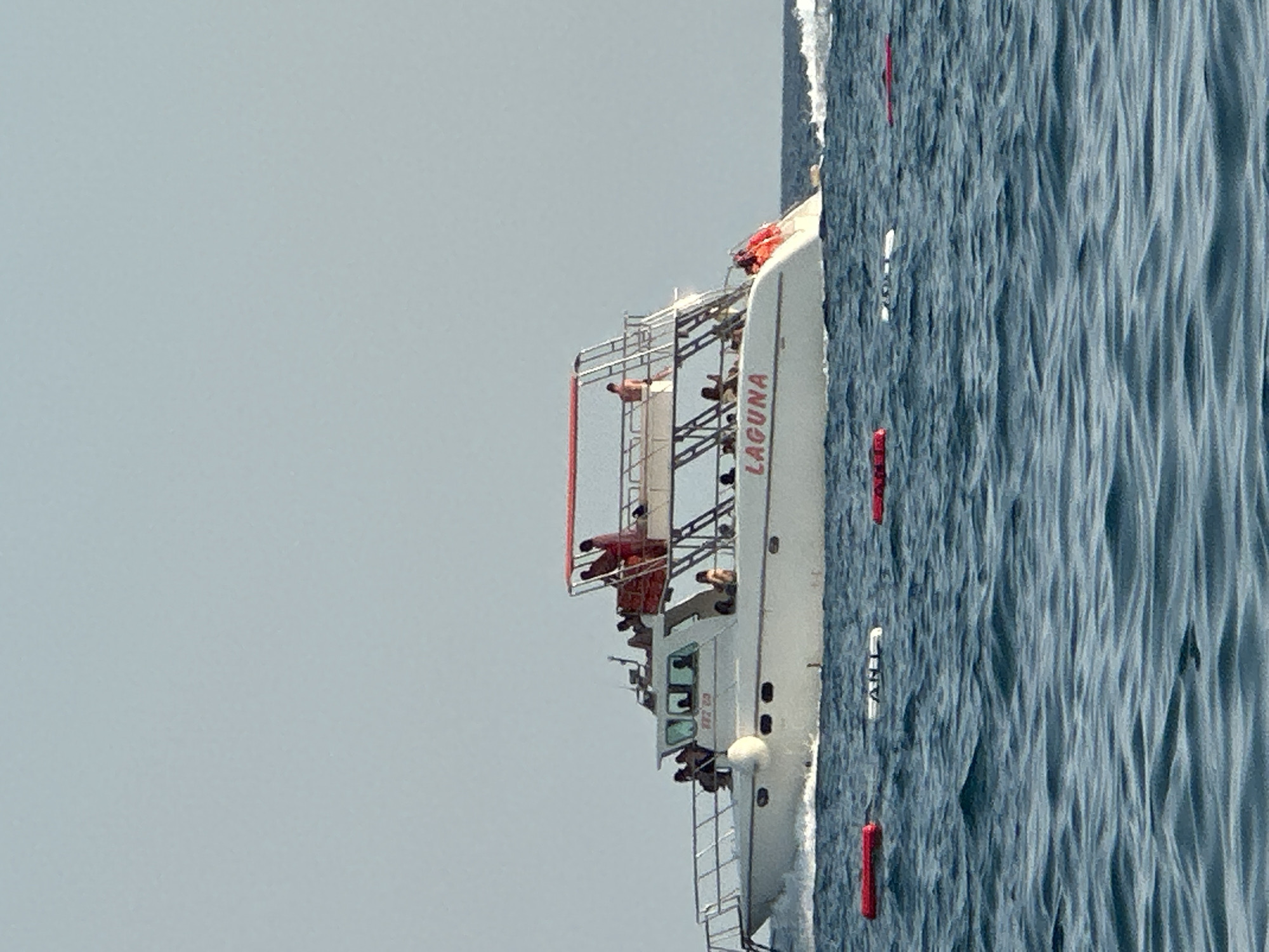 A white passenger boat named "LAGUNA" is cruising on a body of water. The boat has multiple levels with people on deck. The water is a deep blue with visible waves, and there are three red buoys and one white buoy with black lettering floating on the surface in the foreground. The sky is clear and light blue. The scene appears to be a recreational activity on the water, likely in a coastal area. No specific landmarks of Boreti, Montenegro are visible to confirm the location.