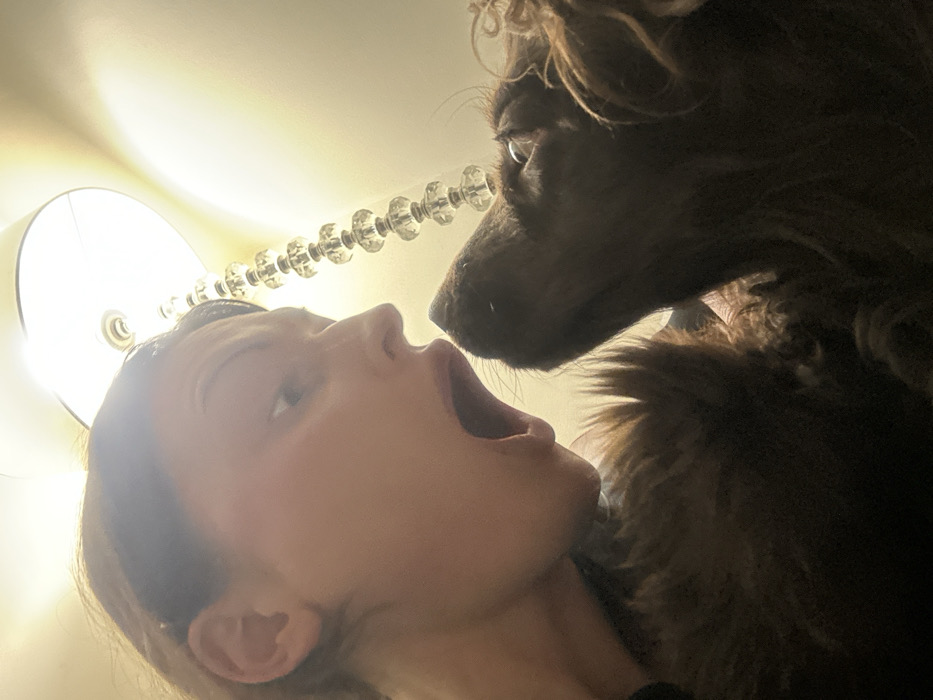 A low-angle shot captures a woman with her mouth open under a ceiling light fixture with crystal details. Her head is tilted back, and a brown, furry dog's head is positioned directly above her face, nose near her mouth. The perspective emphasizes the height difference between the woman and the dog. The light source is bright, casting shadows and illuminating the woman's face.