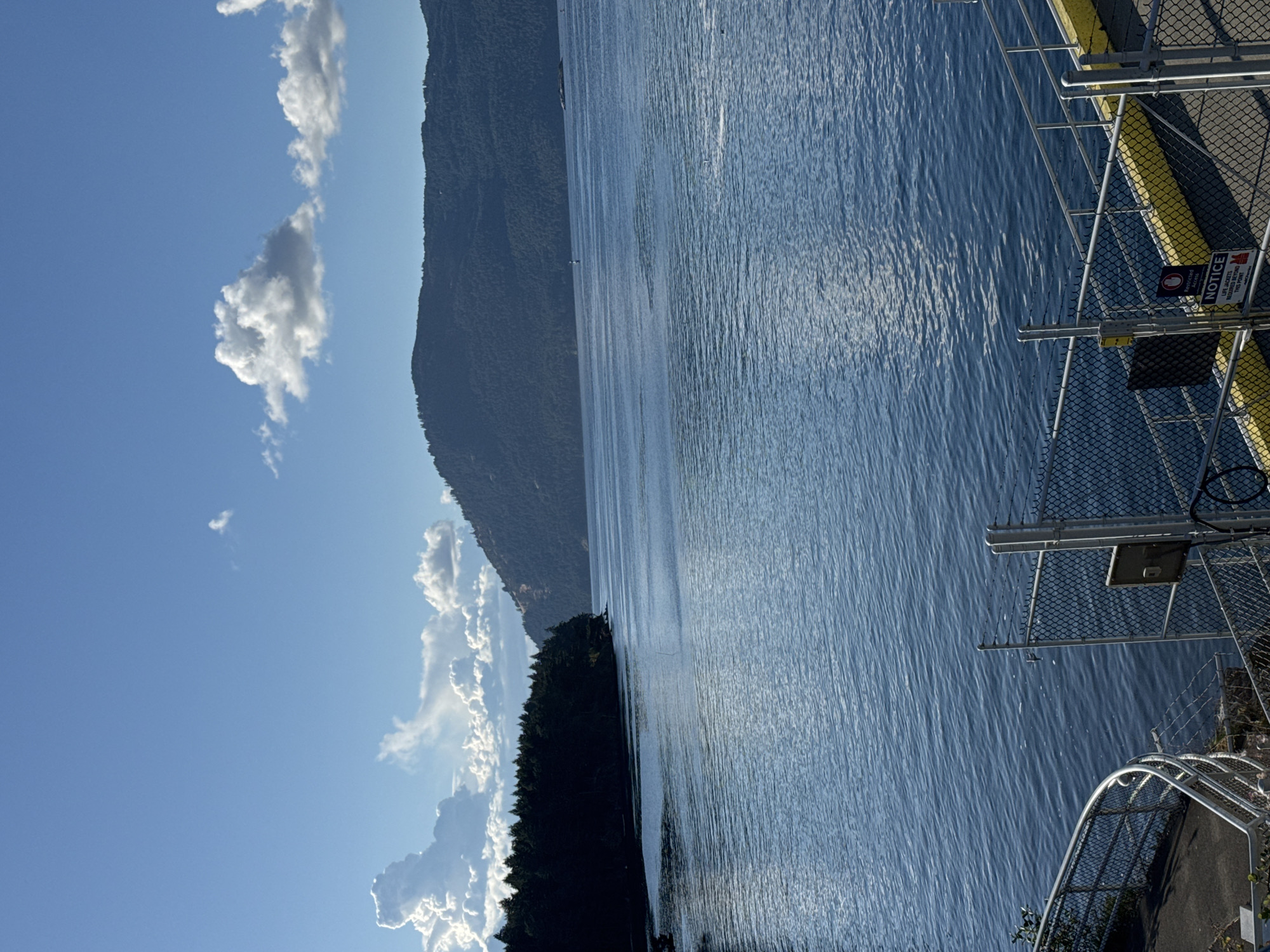 The image shows a wide expanse of blue water, likely a bay or strait, under a bright blue sky dotted with fluffy white clouds. The water is calm with gentle ripples, reflecting the sky and the surrounding landscape.
To the left, a dark green, densely wooded shoreline stretches into the distance, meeting the water. Beyond the treeline, hills rise, covered in a lighter green foliage. The terrain appears to be mountainous, with slopes descending towards the water.
In the foreground, a fenced area is visible, suggesting a pier or waterfront facility. A chain-link fence with barbed wire runs along the edge, separating the viewer from the water. There are metal railings and a yellow safety stripe on the edge of the structure. A small sign with the word "NOTICE" is affixed to the fence, with smaller text below indicating "Restricted Access" and "LIFE JACKETS REQUIRED BEYOND THIS POINT." The overall impression is one of a serene natural landscape combined with functional infrastructure.
Based on the visual cues, the location is likely within the municipality of North Saanich, Canada, given its coastal setting and proximity to islands and mountains, which is characteristic of the region.