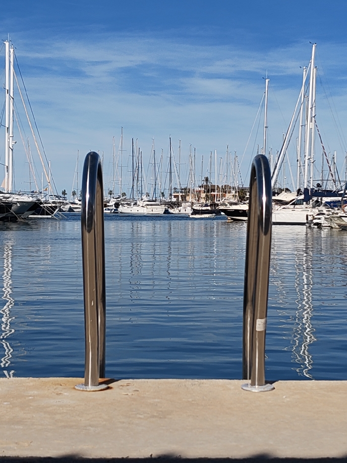 Two chrome, curved rails of a ladder extend upward from a concrete dock over blue water. In the distance, many sailboats with tall masts are anchored. A clear blue sky with light clouds fills the top of the frame, creating a serene atmosphere. Reflections of the boats shimmer on the water's surface.