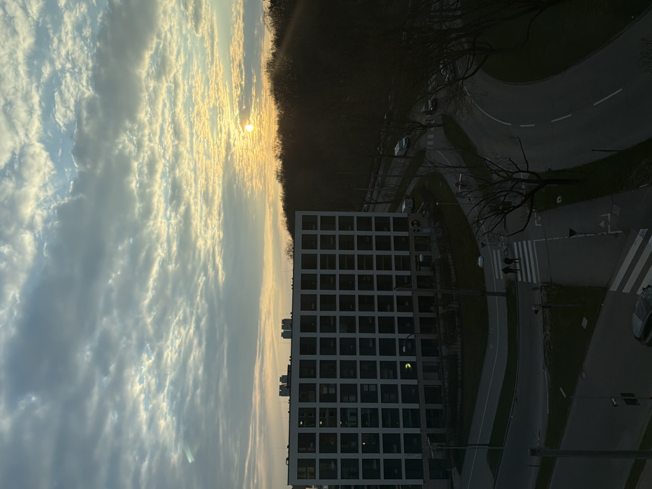 An elevated outdoor photograph depicts a modern urban landscape at twilight or dawn in the Wiley district of Neu-Ulm, Germany, likely overlooking an intersection near Edisonallee. The upper half of the frame is dominated by a sky with extensive altocumulus cloud cover, illuminated by a low-angle sun visible as a bright yellow disc in the upper right quadrant. The sunlight casts a warm, orange-yellow hue on the clouds near the sun, transitioning to blue-grey across the remainder of the sky.
In the midground, a six-story modern building with a light-colored facade and a repetitive grid pattern of dark square windows is prominently featured on the left. HVAC units are visible on its flat roof. One interior window on the building's third floor from the bottom is illuminated with a yellow light.
Below and in front of the building, an asphalt road network forms a complex intersection. White painted road markings, including pedestrian crosswalks, are present on the road surface. Two human figures, appearing as dark silhouettes, are walking across a crosswalk in the lower-center-left of the image. Several vehicles, including cars and three white vans, are observed on the roads; some are parked along the curb, others appear to be in motion. A dense line of bare deciduous trees forms a dark, undulating silhouette along the right horizon, partially obscuring the sun. Smaller, bare trees are scattered along the roadsides. The scene is illuminated by the low natural light, creating soft shadows and a general dimness.