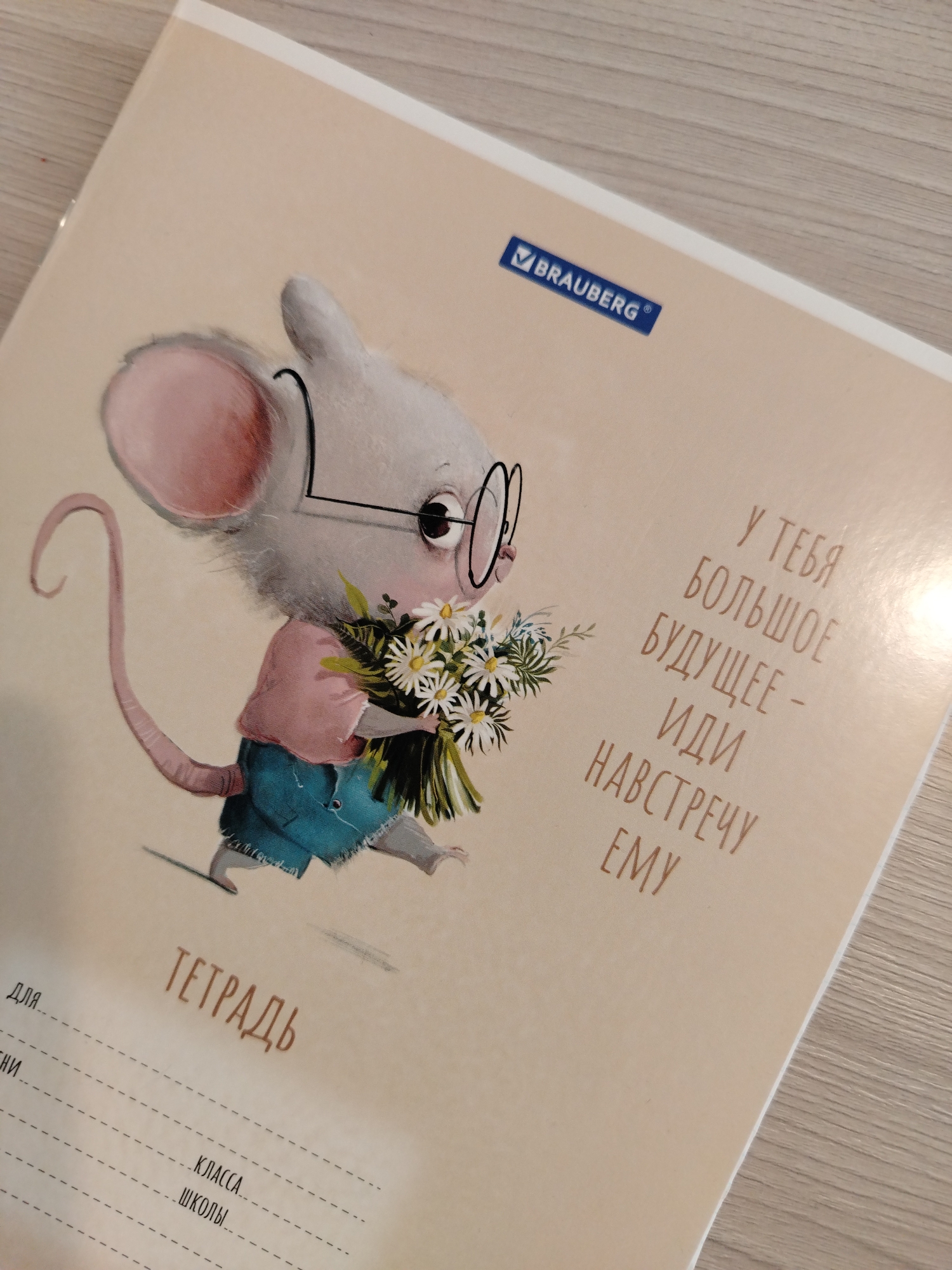 A notebook with a beige cover is displayed. The top right corner features the brand name "BRAUBERG" in blue. Below that, there is a message in Russian that translates to "You have a great future - go meet it." A cartoon illustration of a mouse wearing glasses, a pink shirt, and blue pants, carrying a bouquet of daisies is situated to the left. Underneath the illustration, the word "TETRAD" (notebook in Russian) is printed. Below that, there are lines for filling in information, such as "for," "class," and "school." The setting suggests the image was taken indoors on a light wood surface.