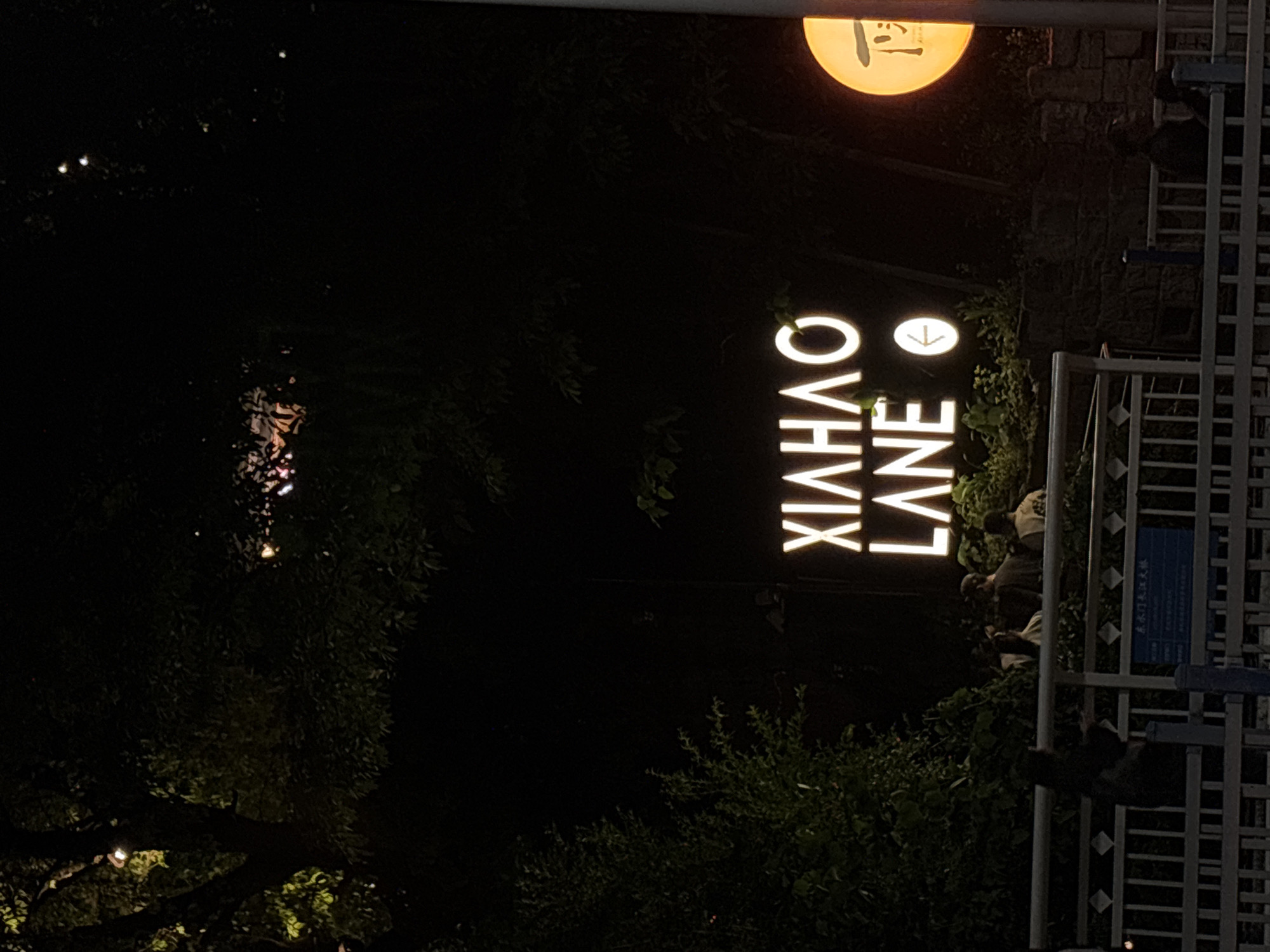 The image depicts an outdoor night scene, likely in Nan'an District, China. The central focus is a prominent, vertically oriented sign with glowing white letters that spell out "XIAO LANE". This sign is set against a dark background of dense foliage and trees.
Above and to the right of the "XIAO LANE" sign, a circular, warm yellow illuminated sign displays two indistinct Chinese characters. To the far right, a metal fence or railing is visible, with a blue rectangular sign attached. This blue sign contains Chinese text, including "重庆市南岸区" (Chongqing City, Nan'an District), confirming the provided location context. Below this, further Chinese characters are present but too small to be clearly read.
The time of day is clearly night, as indicated by the darkness and the reliance on artificial illumination for visibility. Scattered faint lights are visible in the background and appear to reflect on a dark, possibly wet, surface or body of water in the lower left. Several dark, silhouetted figures can be vaguely seen behind the fence and amidst the bushes beneath the "XIAO LANE" sign, but their activities are not discernible. The scene captures a specific named pathway or area at night.