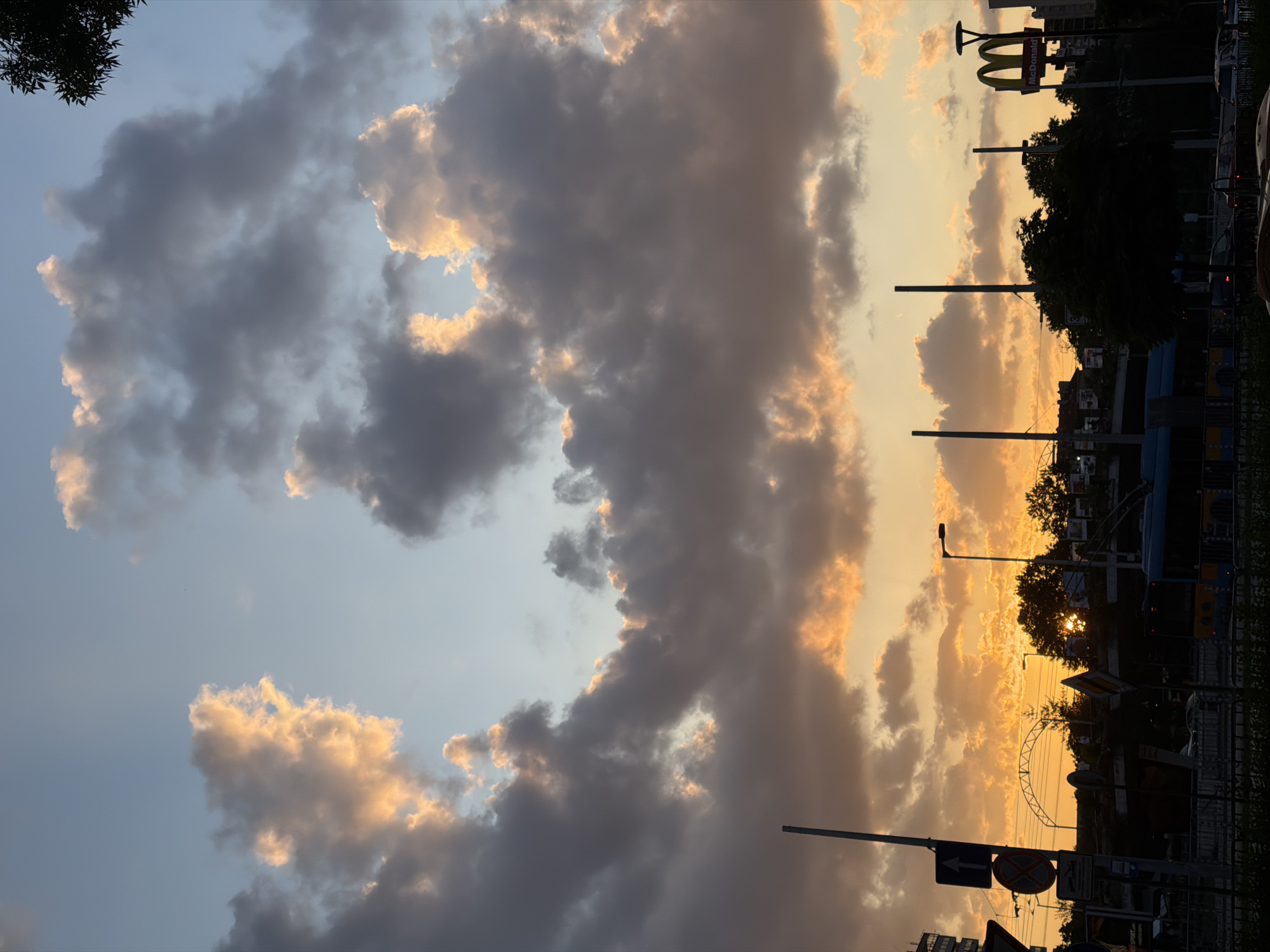 The image captures an urban landscape at sunset or sunrise in Sofia, Bulgaria, characterized by dramatic cloud formations and prominent infrastructural elements.
The upper two-thirds of the image depict a sky with a gradient of colors, transitioning from light blue at the zenith to vibrant orange and yellow hues near the horizon. Large, dense clouds, likely stratocumulus, dominate the sky, with their undersides and edges illuminated in bright orange and golden light by the low sun. The unlit portions of the clouds appear dark grey and brownish, creating a strong contrast.
The lower third of the image is silhouetted against the bright sky, detailing a complex street scene. From left to right:
* A tall, slender utility pole stands prominently on the far left, bearing multiple traffic signs. These include a white upward-pointing arrow, a red circular "No Stopping" sign, and a blue rectangular sign with a white arrow indicating a turn followed by another turn.
* Further to the right, a distinctive arch-shaped metal truss bridge structure spans the midground, silhouetted against the setting sun. This structure is characteristic of a major overpass or highway junction.
* Below and around this arch, dense dark foliage of trees and the silhouettes of urban buildings are visible.
* A streetlamp pole with a lit fixture is positioned centrally on the right side of the arch structure.
* To the right of the streetlamp, a prominent McDonald's sign, featuring the iconic golden "M" arches, stands partially silhouetted against the sky.
* On the street level, a blue and yellow trolleybus is partially visible behind a metal fence or railing, suggesting public transportation. Several other vehicles, mostly indistinguishable dark shapes, are present on what appears to be a multi-lane road.
* Another tall utility pole is visible between the streetlamp and the McDonald's sign.
The overall scene suggests a busy thoroughfare or highway intersection within Sofia, Bulgaria, likely during late evening, with the sun low on the horizon. No specific individuals are discernible, and no distinct actions are taking place beyond the implied movement of traffic.