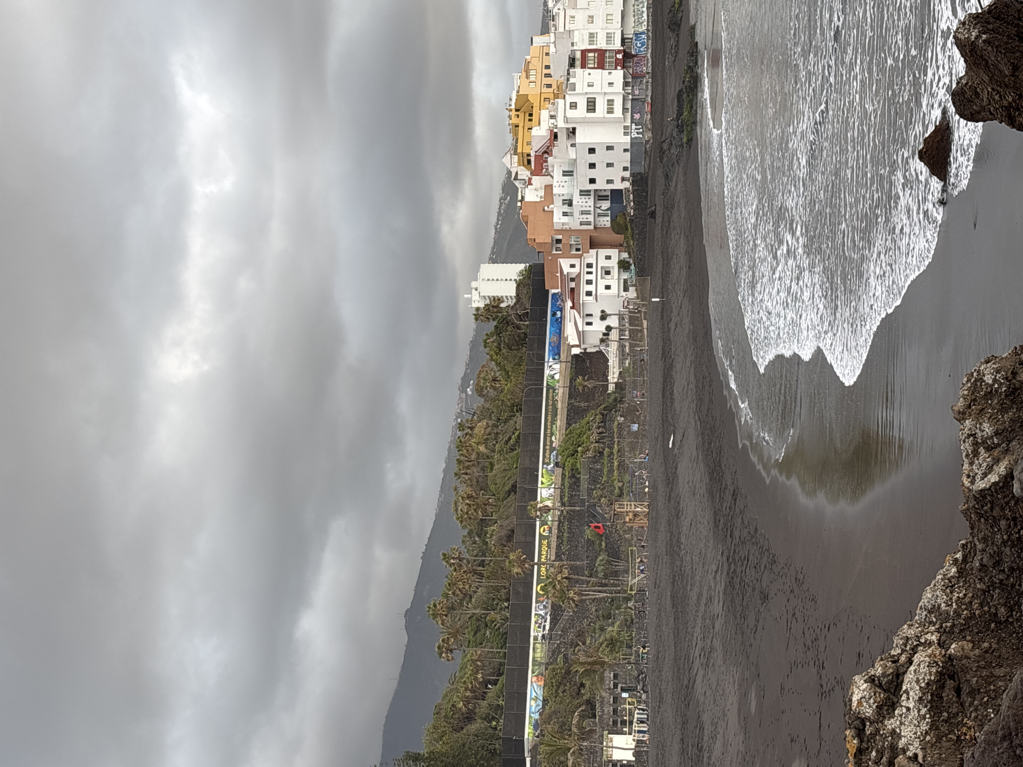 The image shows a beach scene in Puerto de la Cruz, Spain. The beach has black sand and a breaking wave line. Multi-story buildings are clustered along the upper edge of the beach. In the mid-ground, there is a long park area with trees and what appears to be a fence. Beyond the park, a mountain is visible under a heavy, overcast sky. The right side of the image features a rocky outcropping.
