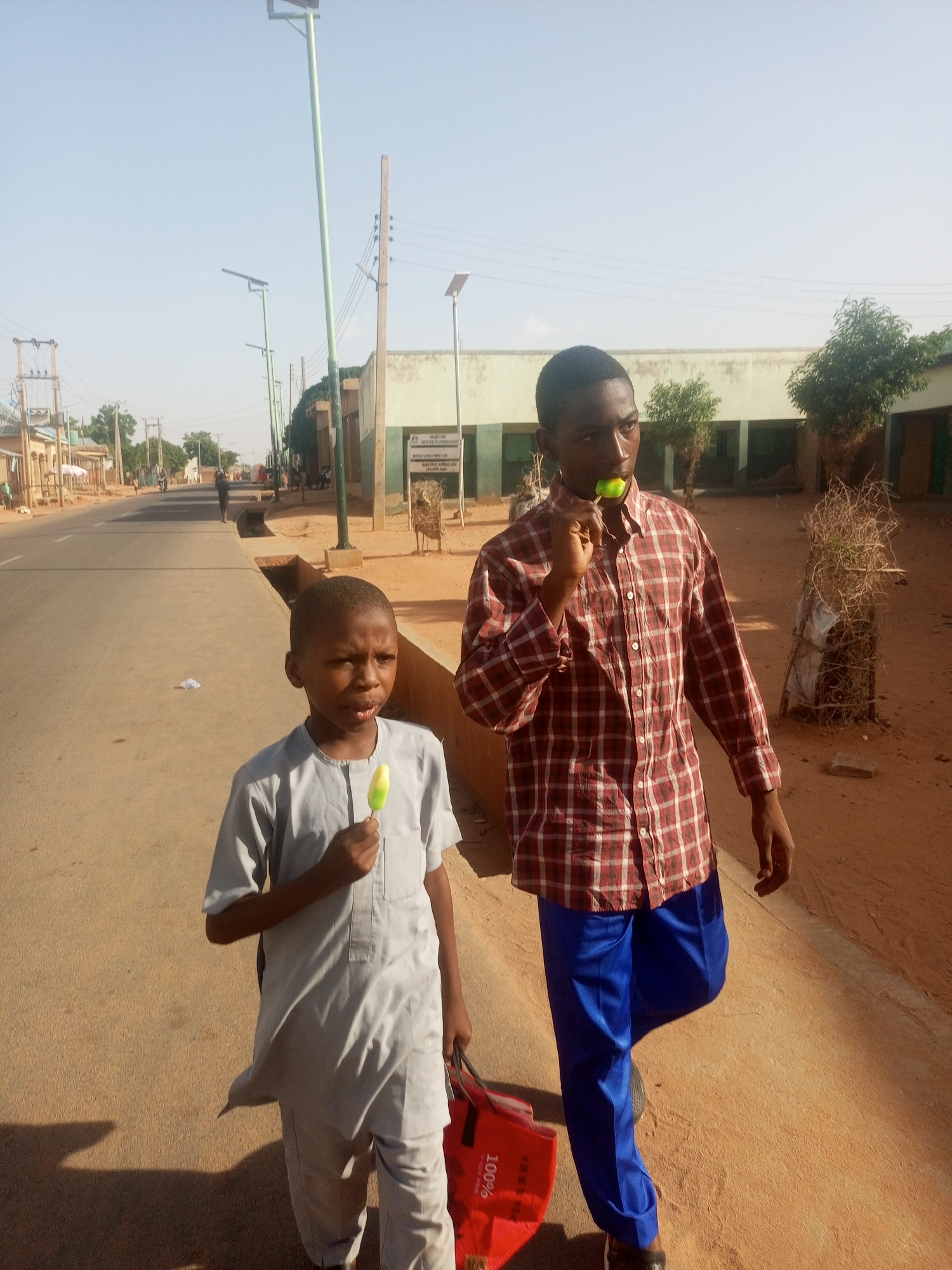 Two males, one younger, walk on a dirt and paved road in Gombe, Nigeria. The younger male wears a grey, traditional-style outfit and holds a lime green popsicle and a red reusable bag with white text. The older male wears a red and white plaid shirt, blue pants, and black shoes, and he also has a lime green popsicle in his mouth. Streetlights line the road. Buildings and vegetation are in the background.