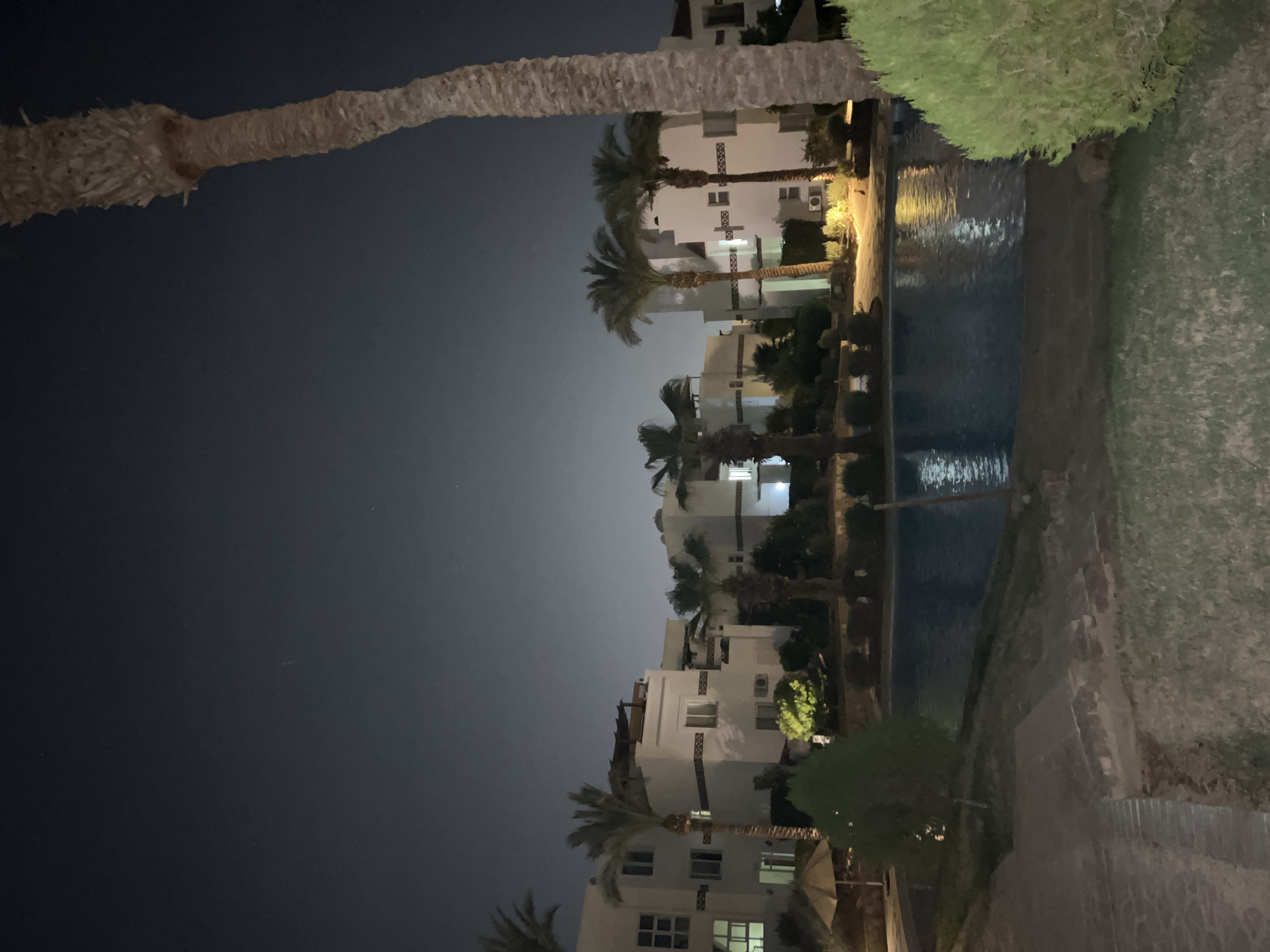 The image depicts a nighttime view of a resort complex, likely in Sharm El Sheikh, Egypt, featuring a swimming pool and several whitewashed buildings with architectural details reminiscent of Middle Eastern design. Palm trees are scattered throughout the property, some illuminated by ambient lighting, and a large palm tree trunk is prominently featured in the foreground on the right. The sky is dark, indicating nighttime, with some faint stars visible. The pool reflects the lights from the surrounding buildings and vegetation, creating a tranquil atmosphere. There are no people visible in the image. The scene suggests a warm climate resort environment at night.
